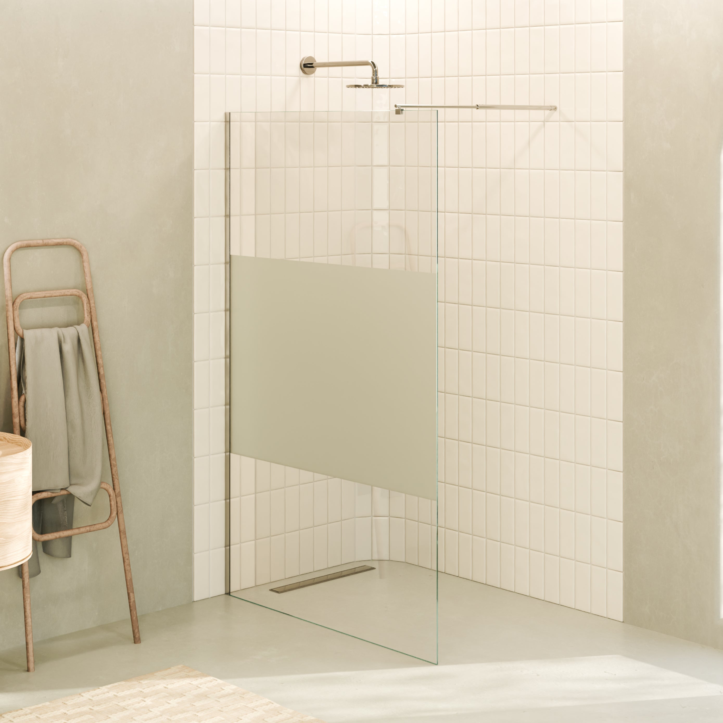 FIONA - Painel de Duche Walk-In em Vidro Meio Fosco 10mm com perfil e Barra Estabilizadora Cromado