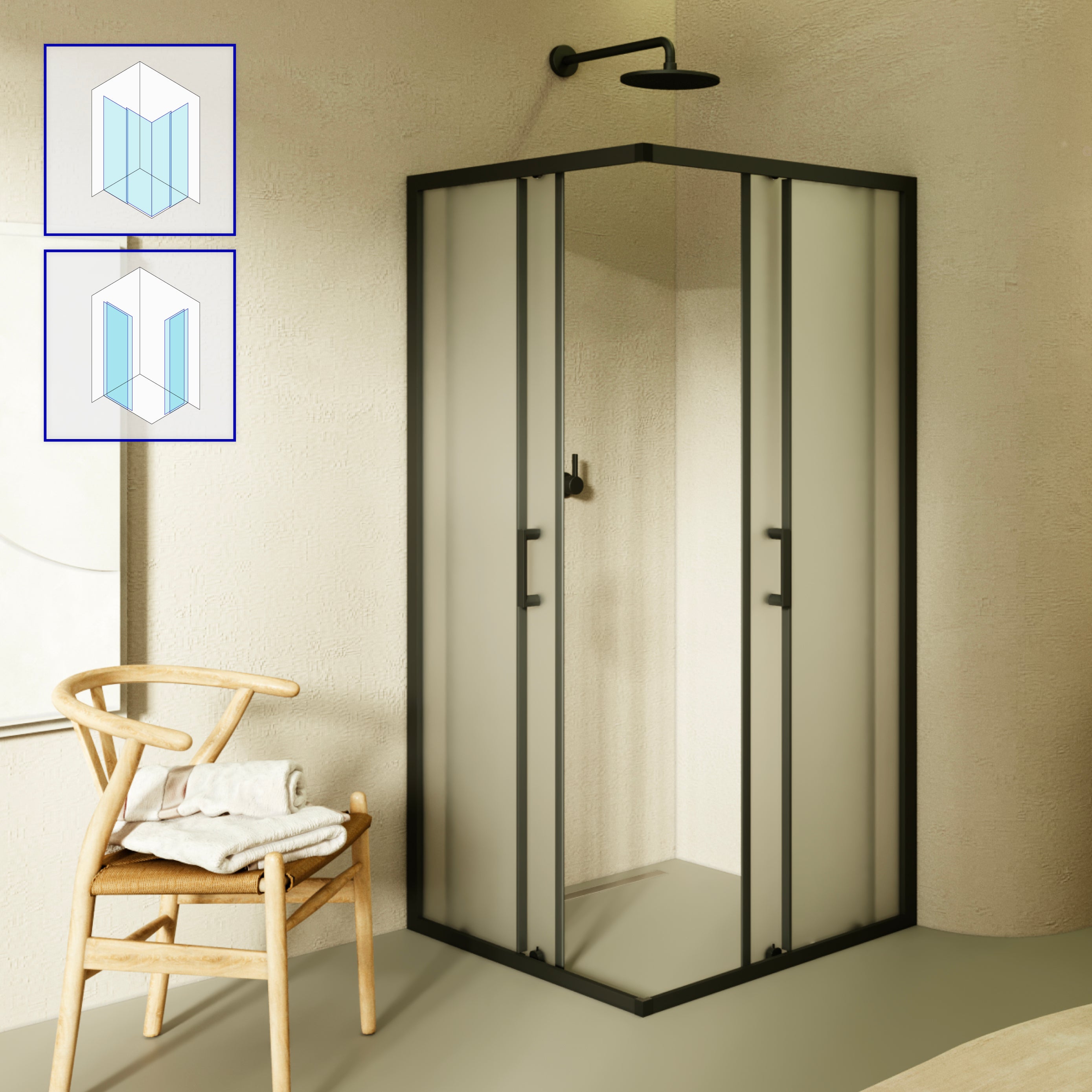 DIANA - Cabine de duche de entrada de canto com portas de correr em vidro fosco temperado