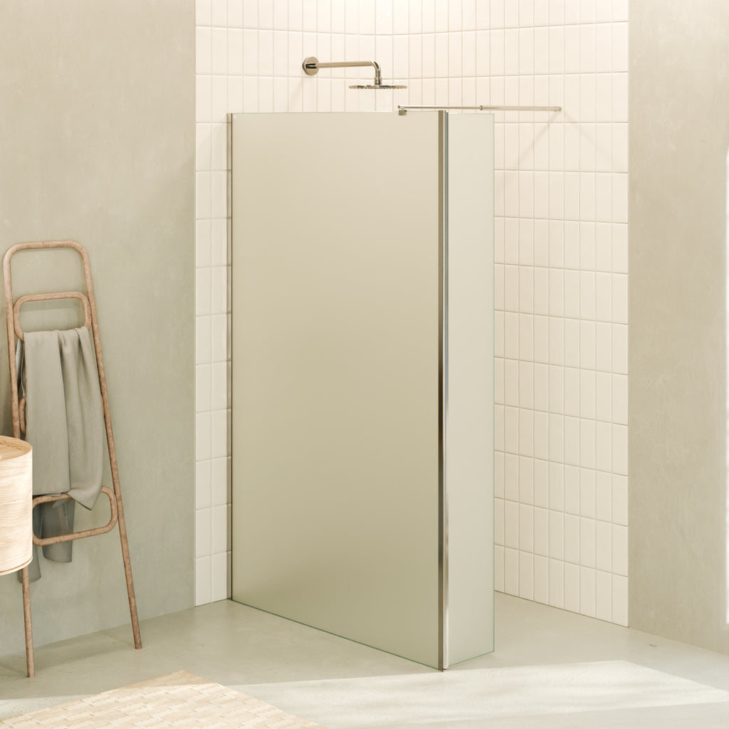 FIONA - Painel de Duche Walk-In com Painel Lateral Giratório 40 cm em Vidro Satinado 10mm com Perfil e Barra Estabilizadora Cromado