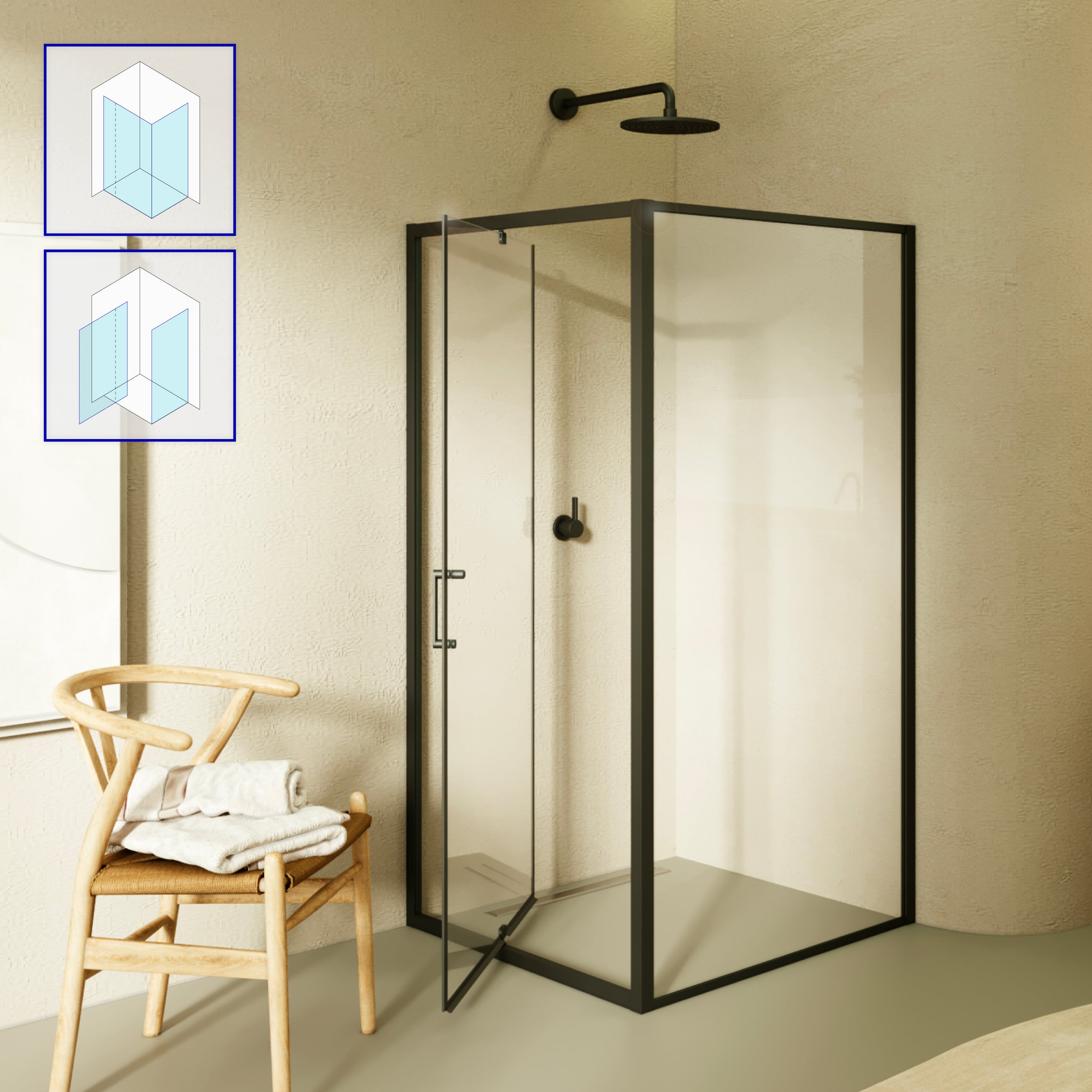 ISADORA - Cabine de duche de entrada frontal com portas articuladas em vidro temperado e perfis pretos