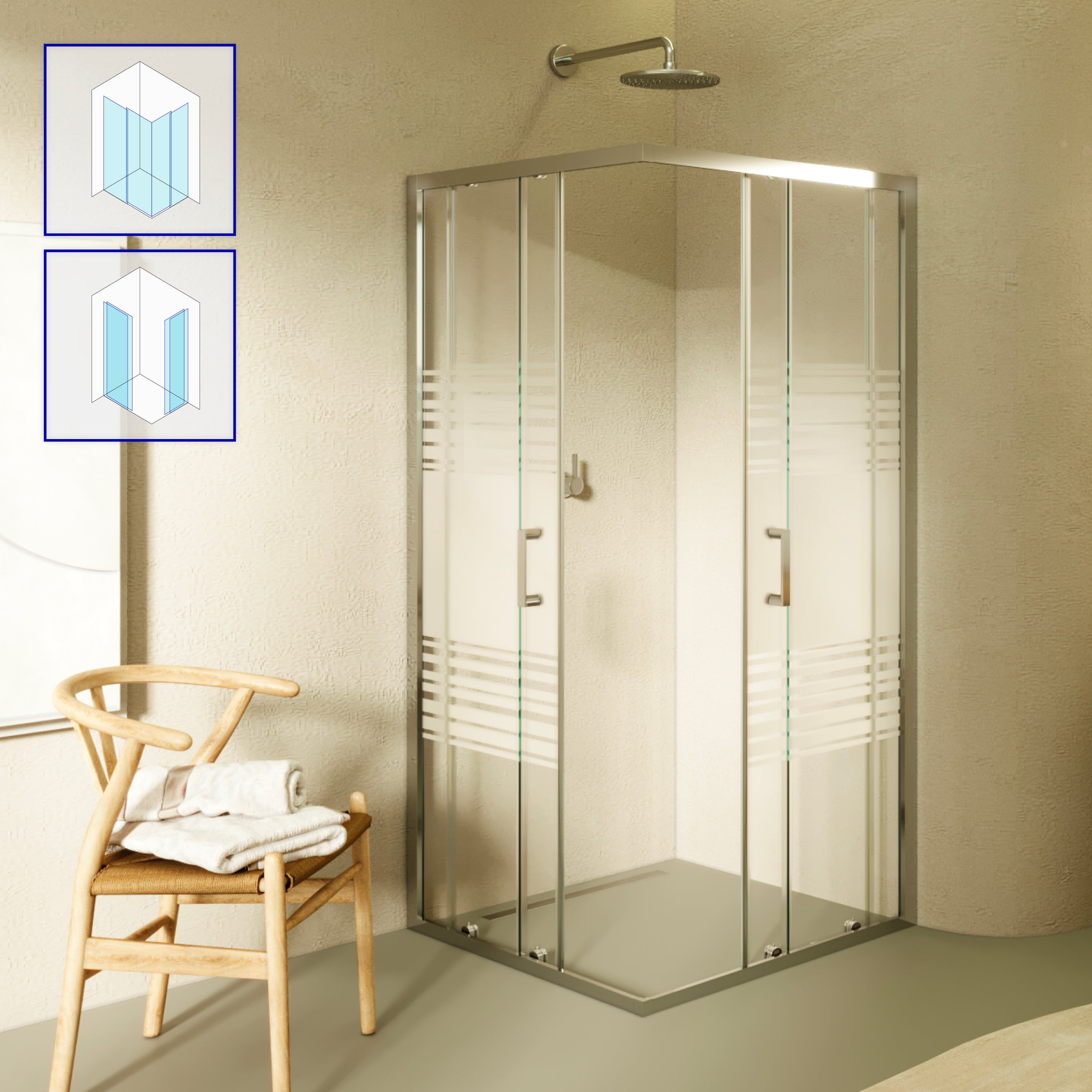 DIANA - Cabine de duche de entrada de canto com portas de correr em vidro temperado meio fosco