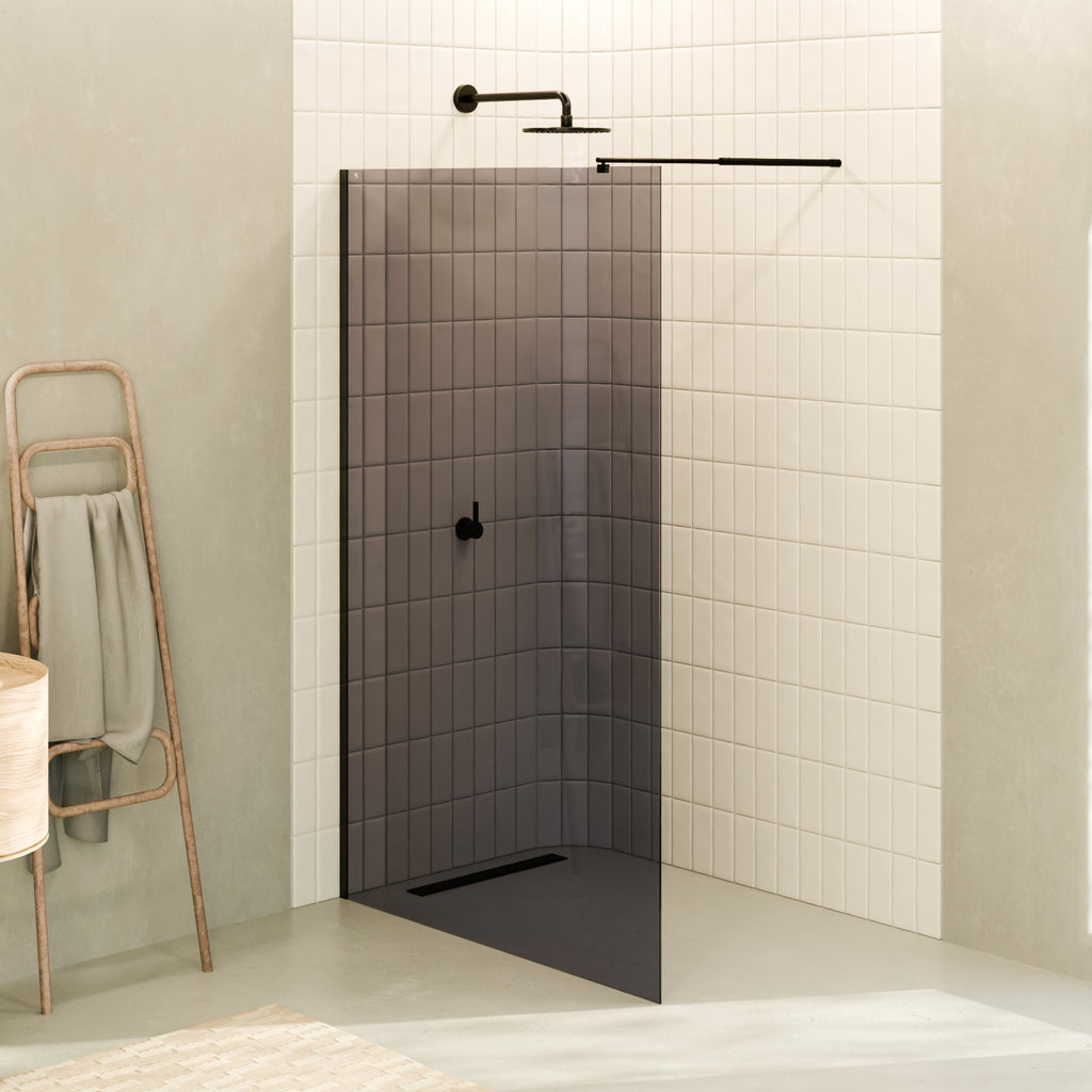 OLIVIA - Painel de Duche Walk-In em Vidro Escuro 10mm com Perfil e Barra Estabilizadora Preto