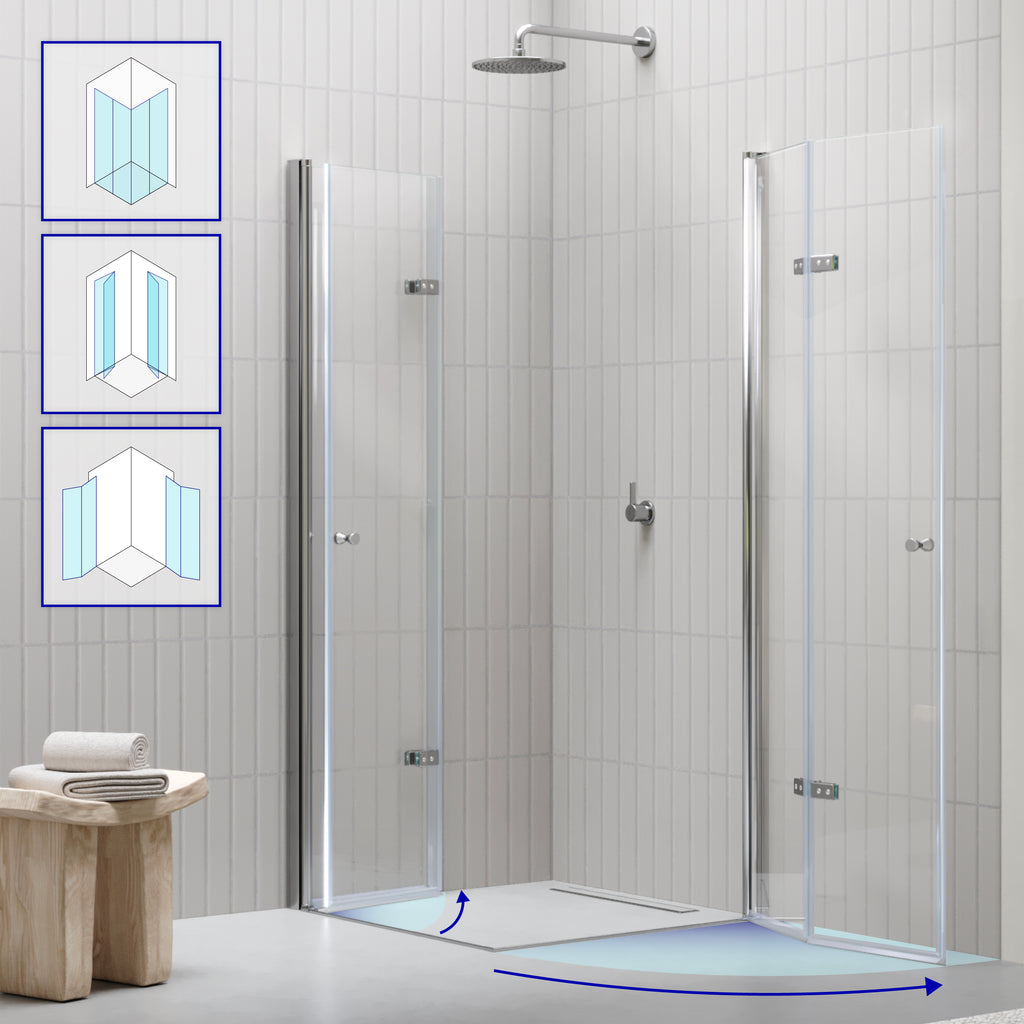 EMMA - Cabine de Duche (70-120 cm x 180-190 cm) com Vidro Transparente 6mm - Entrada de Canto, Portas articuladas e Perfis em Inox