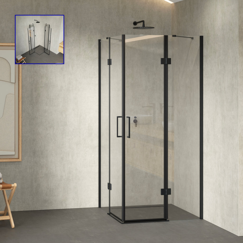 CELINE - Cabine de duche de canto com portas articuladas em vidro temperado e perfis pretos