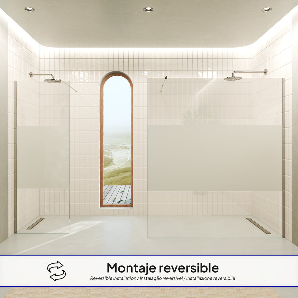 FIONA - Painel de Duche Walk-In em Vidro Meio Fosco 10mm com perfil e Barra Estabilizadora Cromado