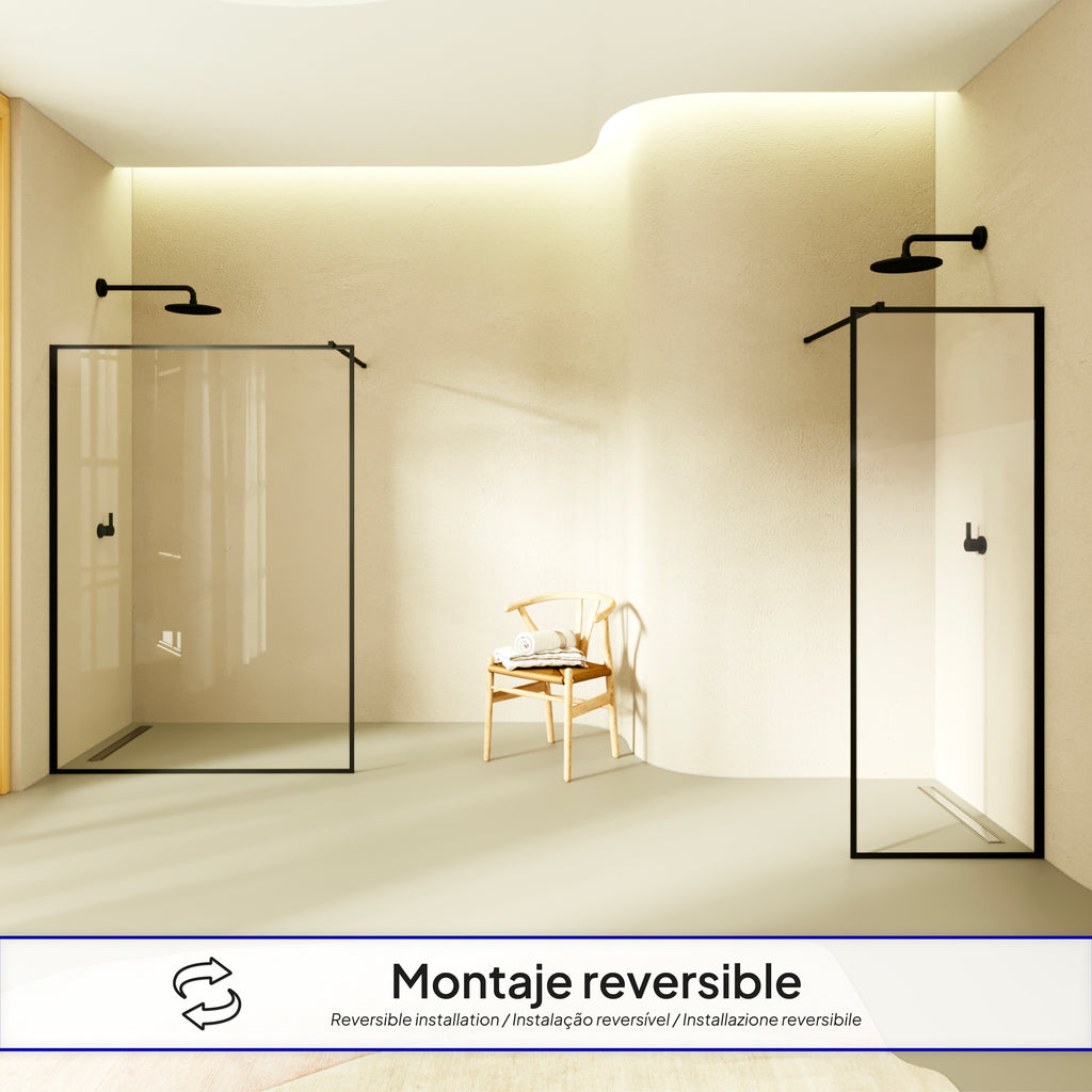 GIANNA - Painel de Duche Walk-In em Vidro Temperado com Perfil Preto e Barra Estabilizadora