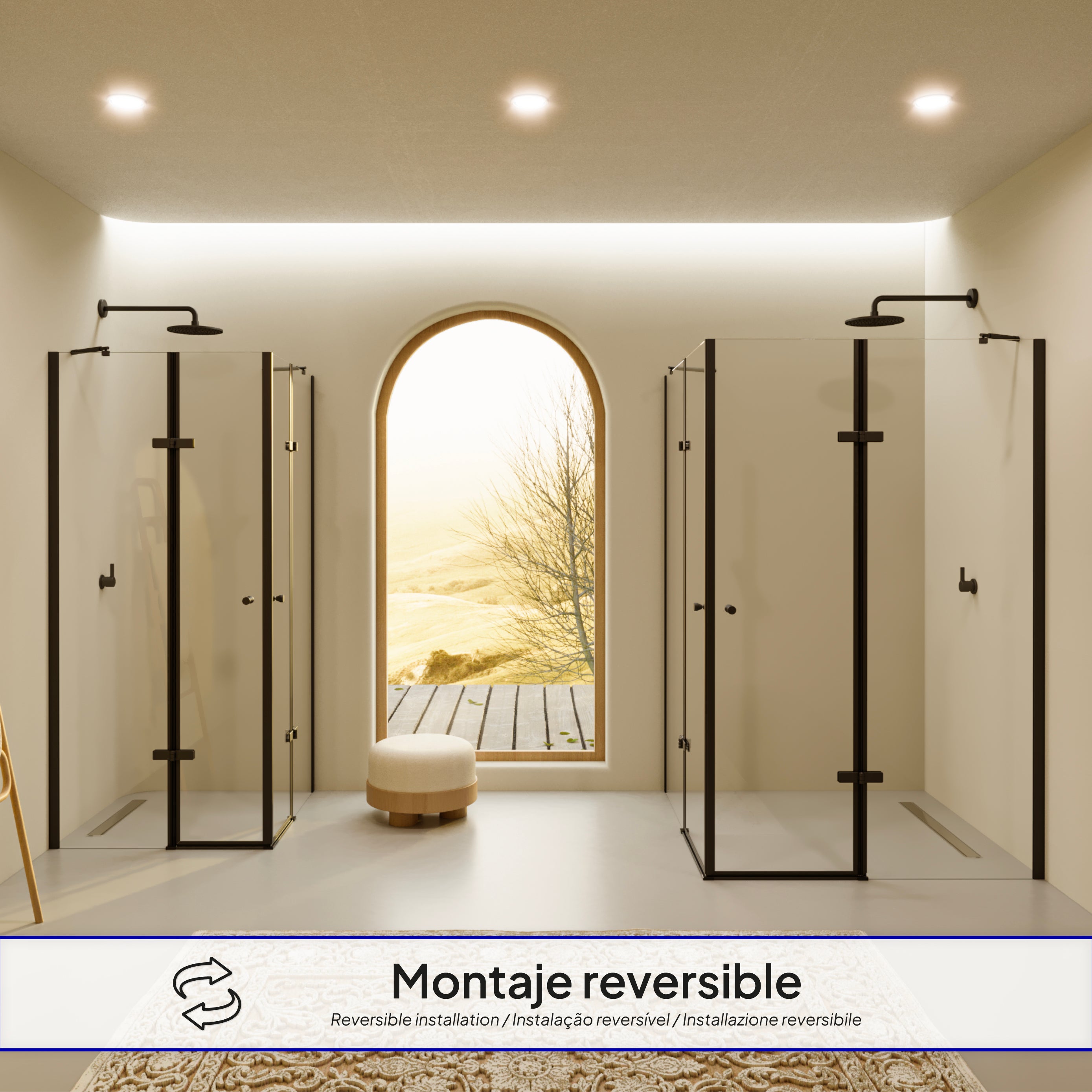 ALICE - Cabine de duche de canto com portas articuladas em vidro temperado e perfis pretos