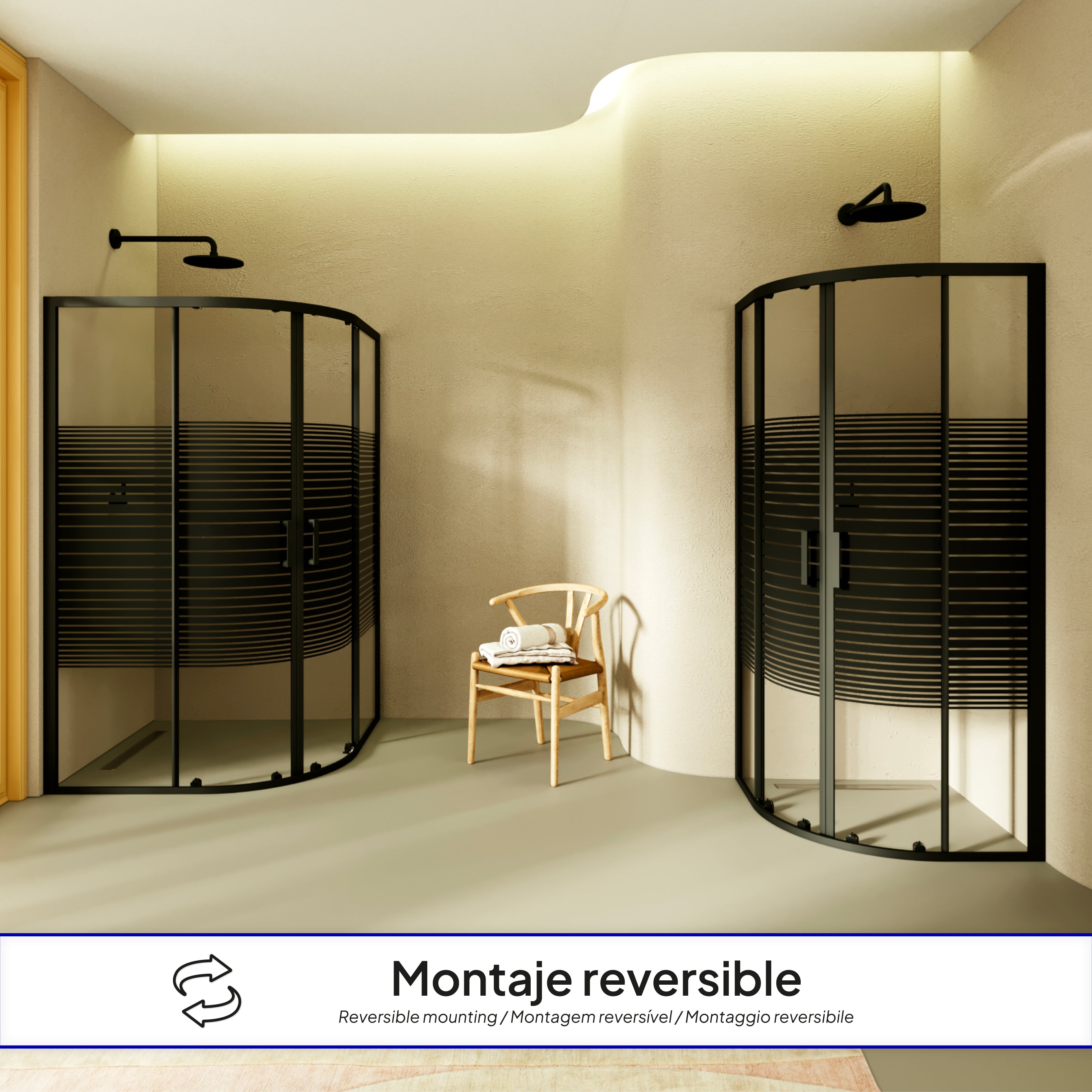 ELLA - Cabine de duche de quadrante com vidro transparente, linhas pretas e portas deslizantes