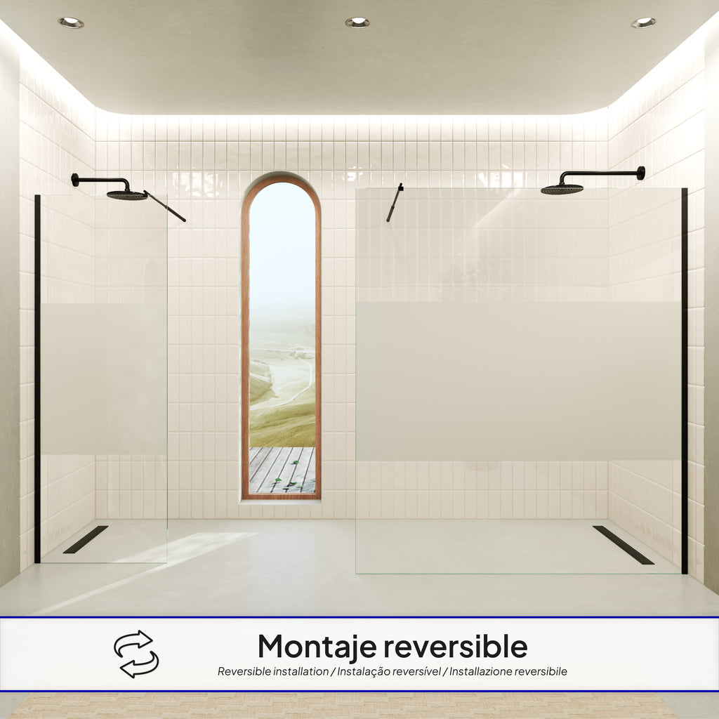 OLIVIA - Painel de Duche Walk-In em Vidro Meio Fosco 10mm com Perfil e Barra Estabilizadora Preto