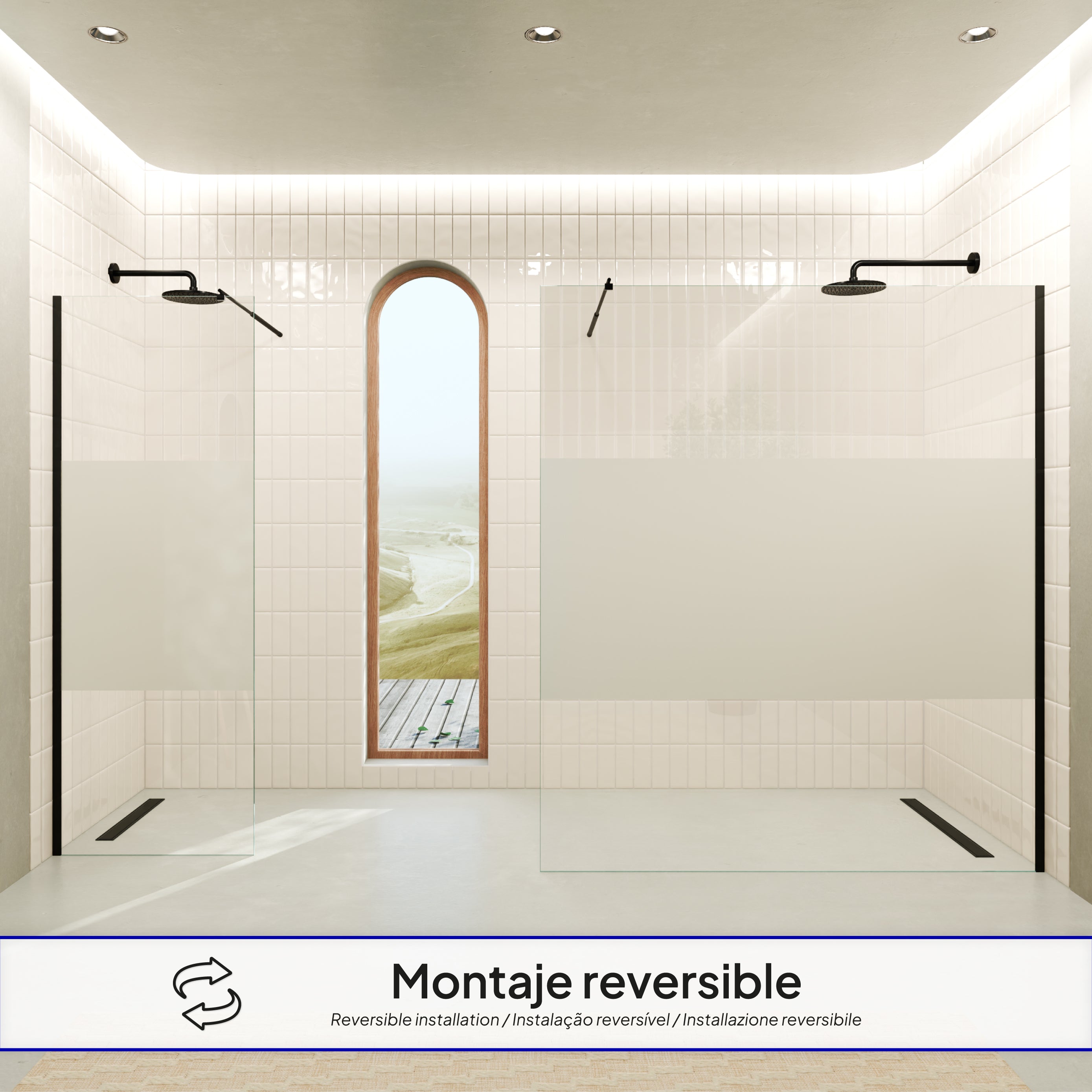 OLIVIA - Painel de Duche Walk-In em Vidro Meio Fosco 10mm com Perfil e Barra Estabilizadora Preto