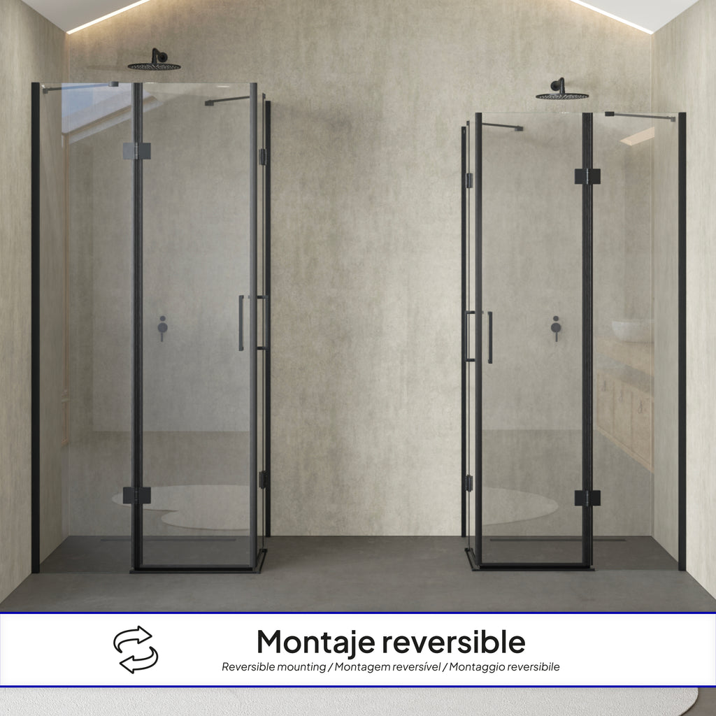 CELINE - Cabine de duche de canto com portas articuladas em vidro temperado e perfis pretos