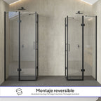 CELINE - Cabine de duche de canto com portas articuladas em vidro temperado e perfis pretos
