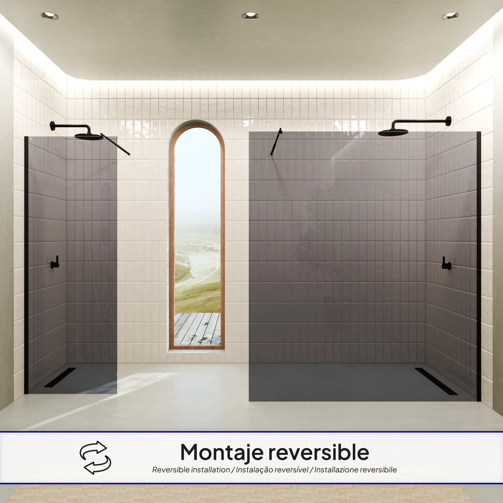 OLIVIA - Painel de Duche Walk-In em Vidro Escuro 10mm com Perfil e Barra Estabilizadora Preto