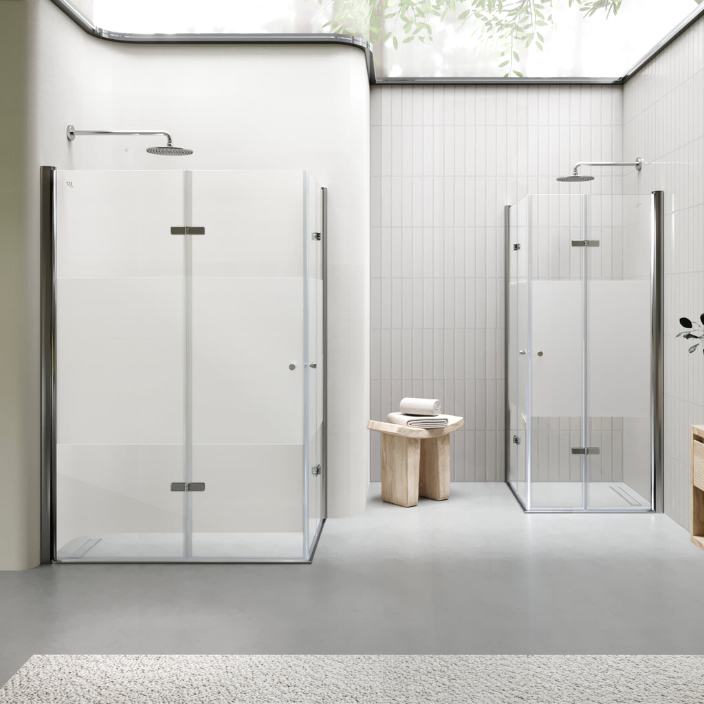 EMMA - Cabine de Duche (70-120 cm x 180-190 cm) com Vidro Meio Fosco 6mm - Entrada de Canto, Portas articuladas e Perfis em Inox