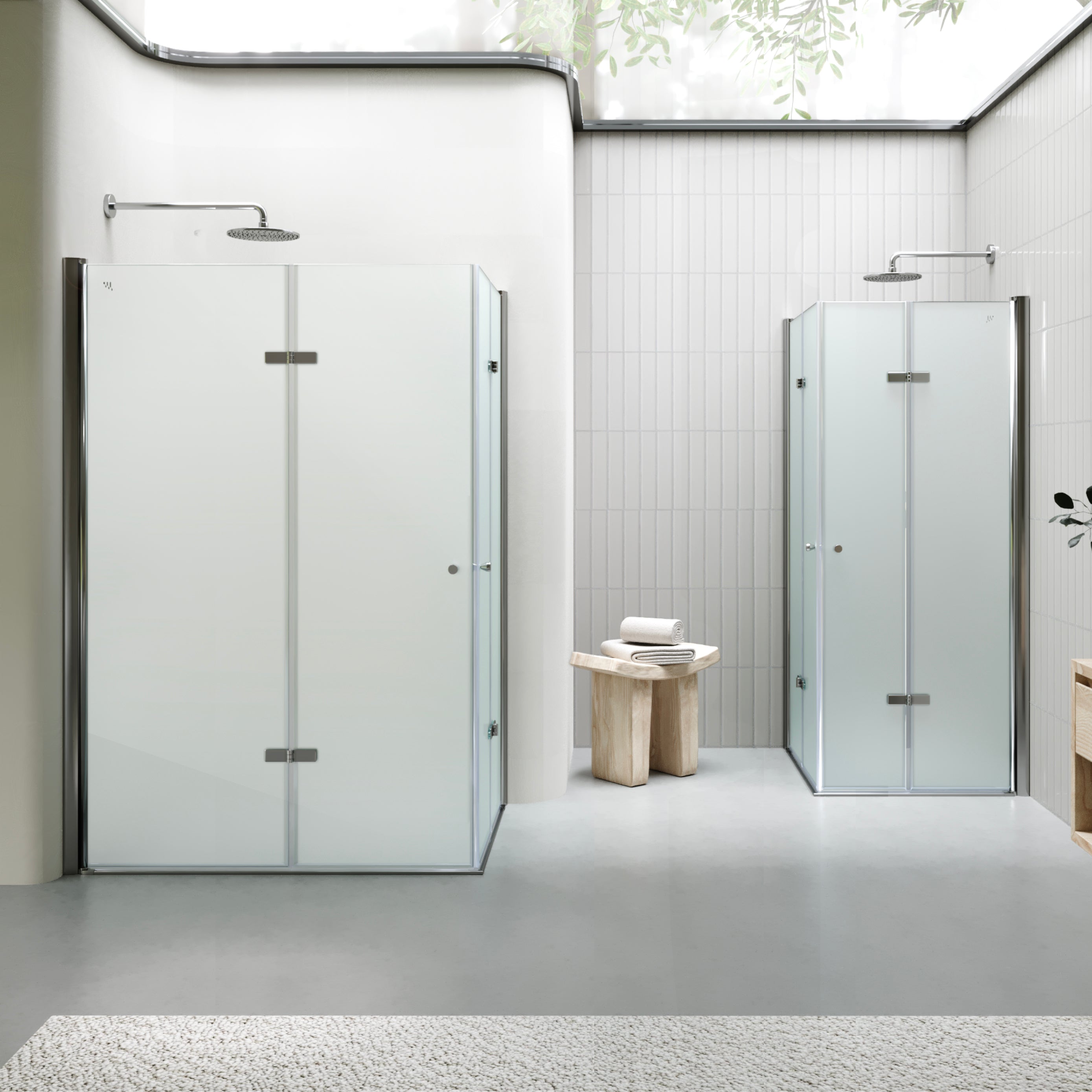 EMMA - Cabine de Duche (70-120 cm x 180-190 cm) com Vidro Fosco 6mm - Entrada de Canto, Portas articuladas e Perfis em Inox