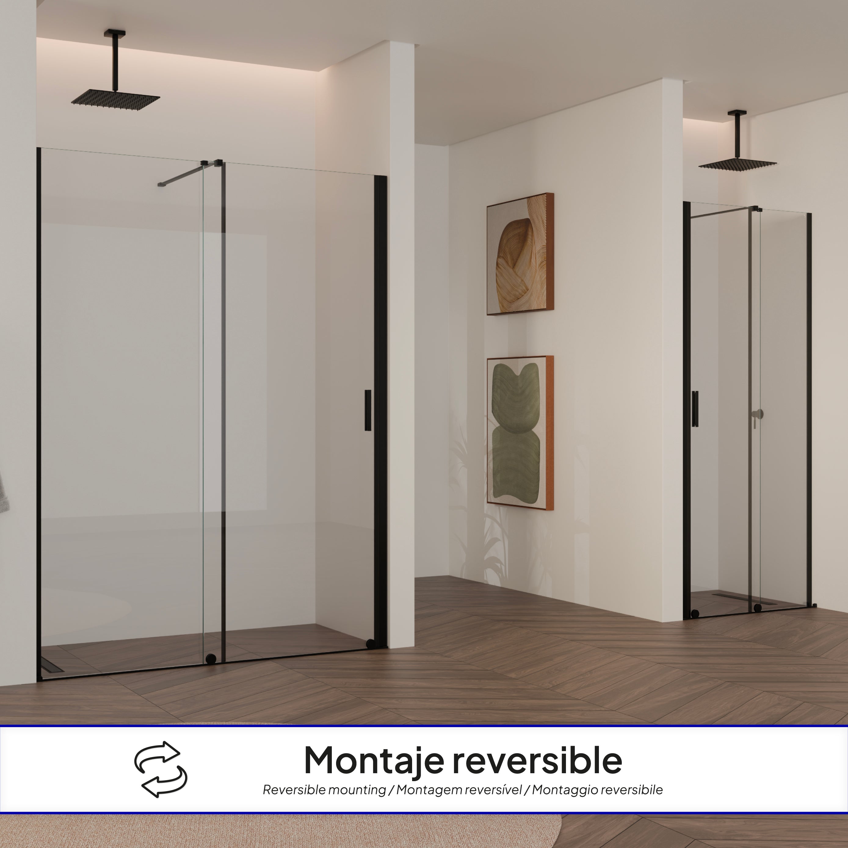 NADINE - Frontal de duche em vidro temperado transparente de 8mm e perfis pretos