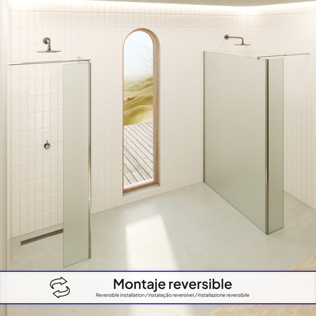 FIONA - Painel de Duche Walk-In com Painel Lateral Fixo 40 cm a 90º em Vidro Satinado 10mm com Perfil e Barra Estabilizadora Cromado
