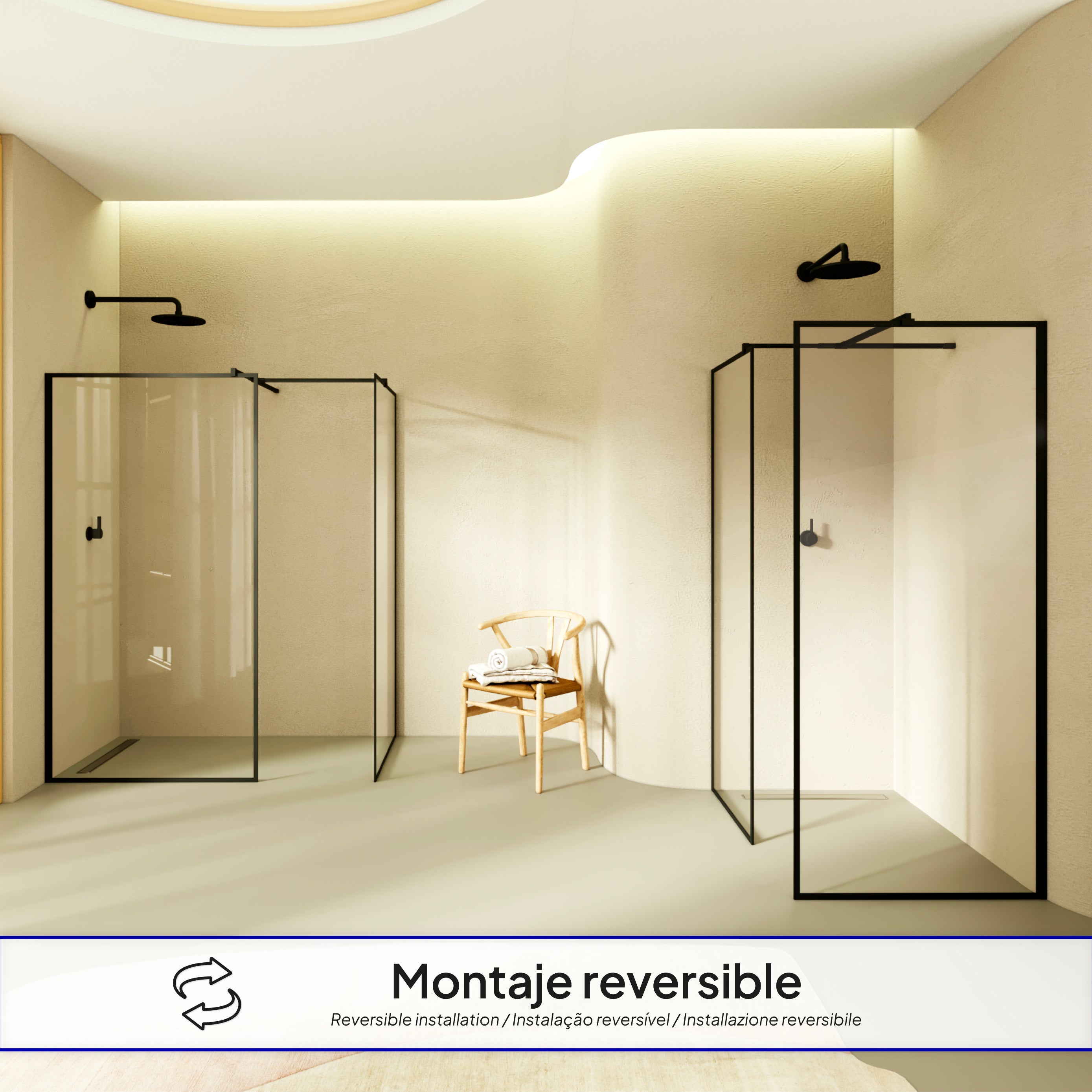 GIANNA – Painel de Duche Walk-In com 2 Painéis em Vidro Temperado e Perfil Preto com Barra Estabilizadora