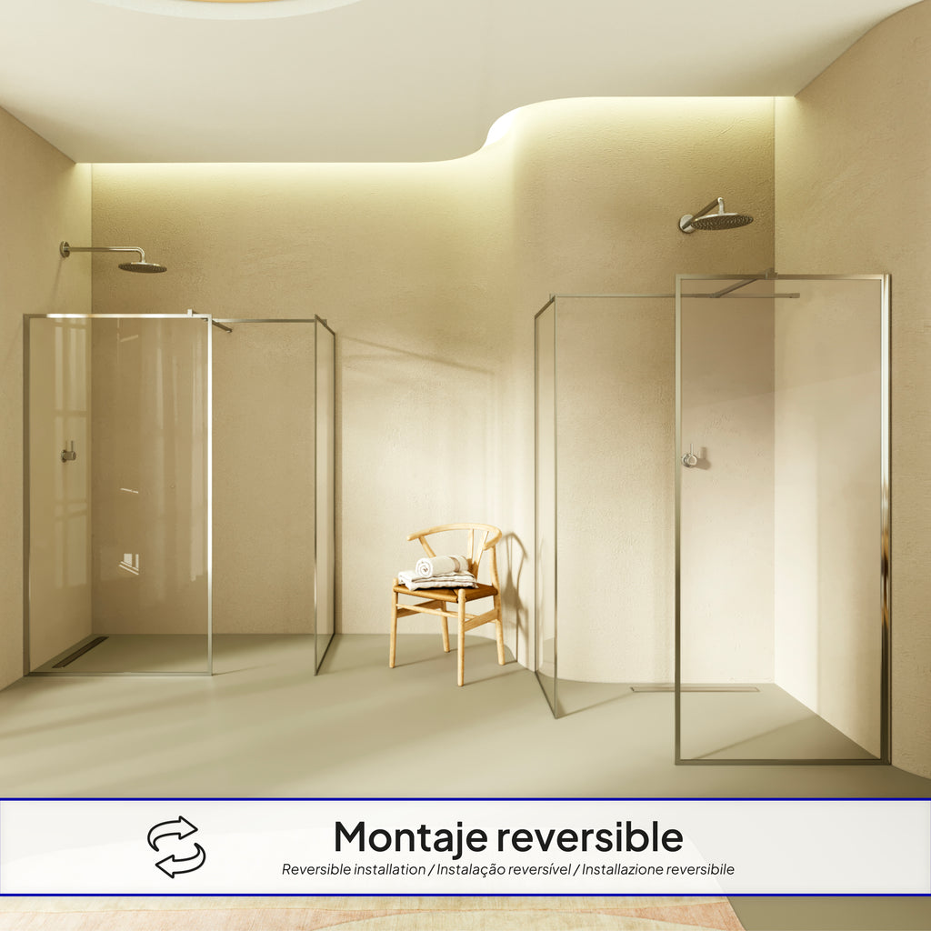 GIANNA – Painel de Duche Walk-In com 2 Painéis em Vidro Temperado e Perfil Cromado com Barra Estabilizadora