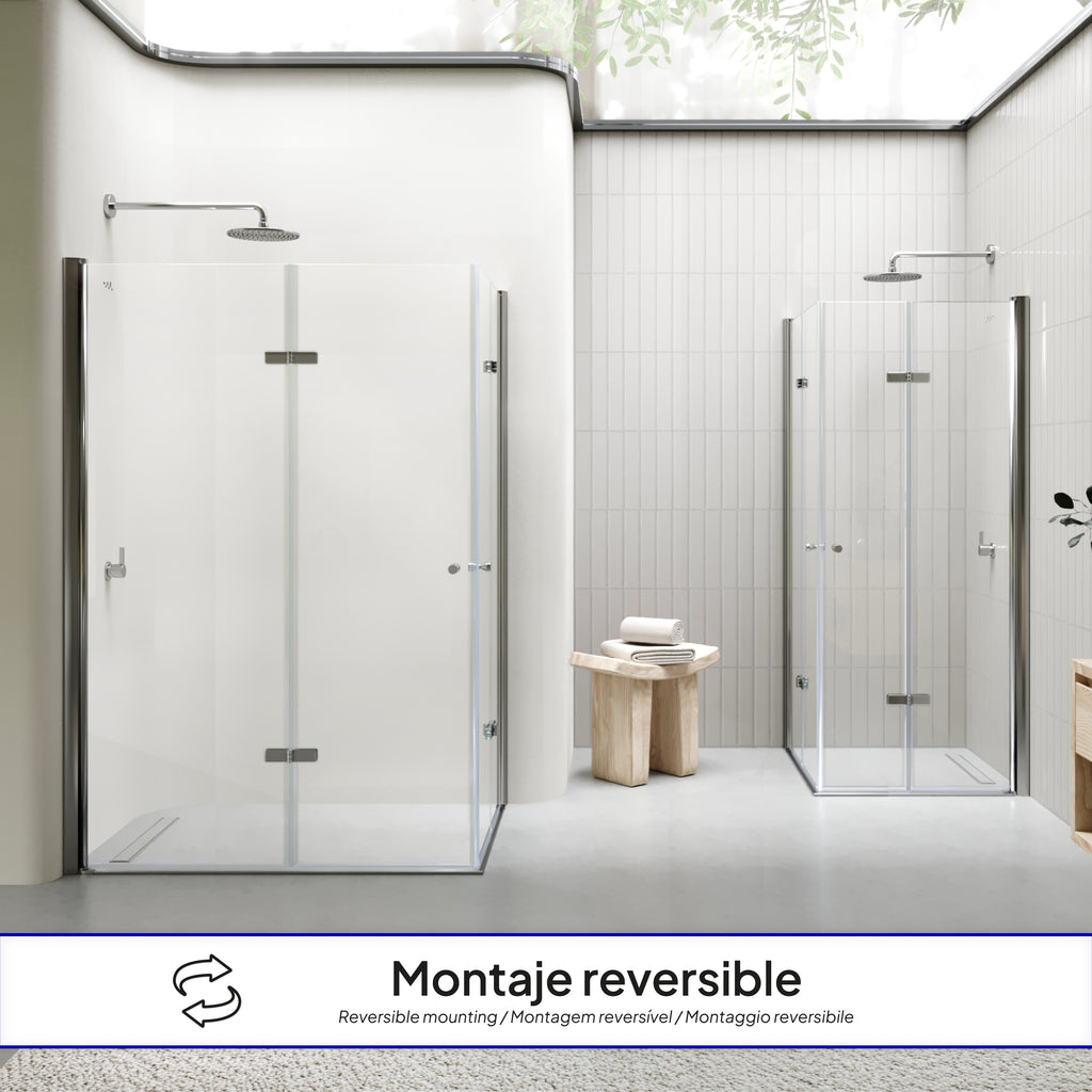 EMMA - Cabine de Duche (70-120 cm x 180-190 cm) com Vidro Transparente 6mm - Entrada de Canto, Portas articuladas e Perfis em Inox