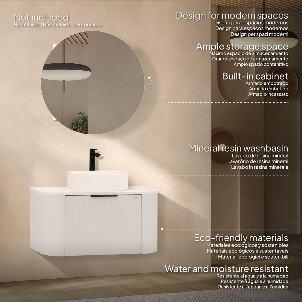 Maia – Móvel de Lavatório Suspenso com Gavetas Soft-Close | 90 cm | Branco Acanalado