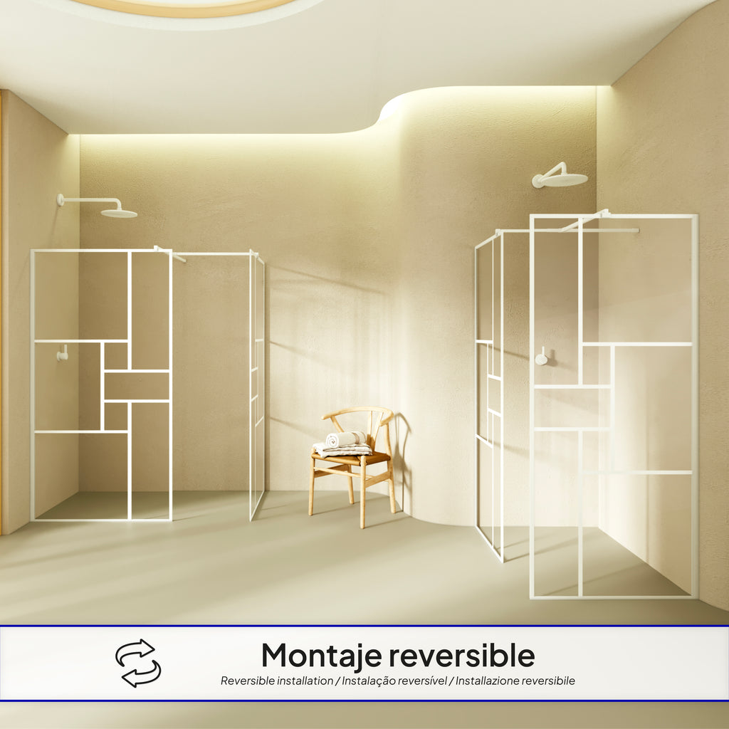 GIANNA – Painel de Duche Walk-In com 2 Painéis em Vidro Temperado c/ Blocos e Perfil Branco com Barra Estabilizadora