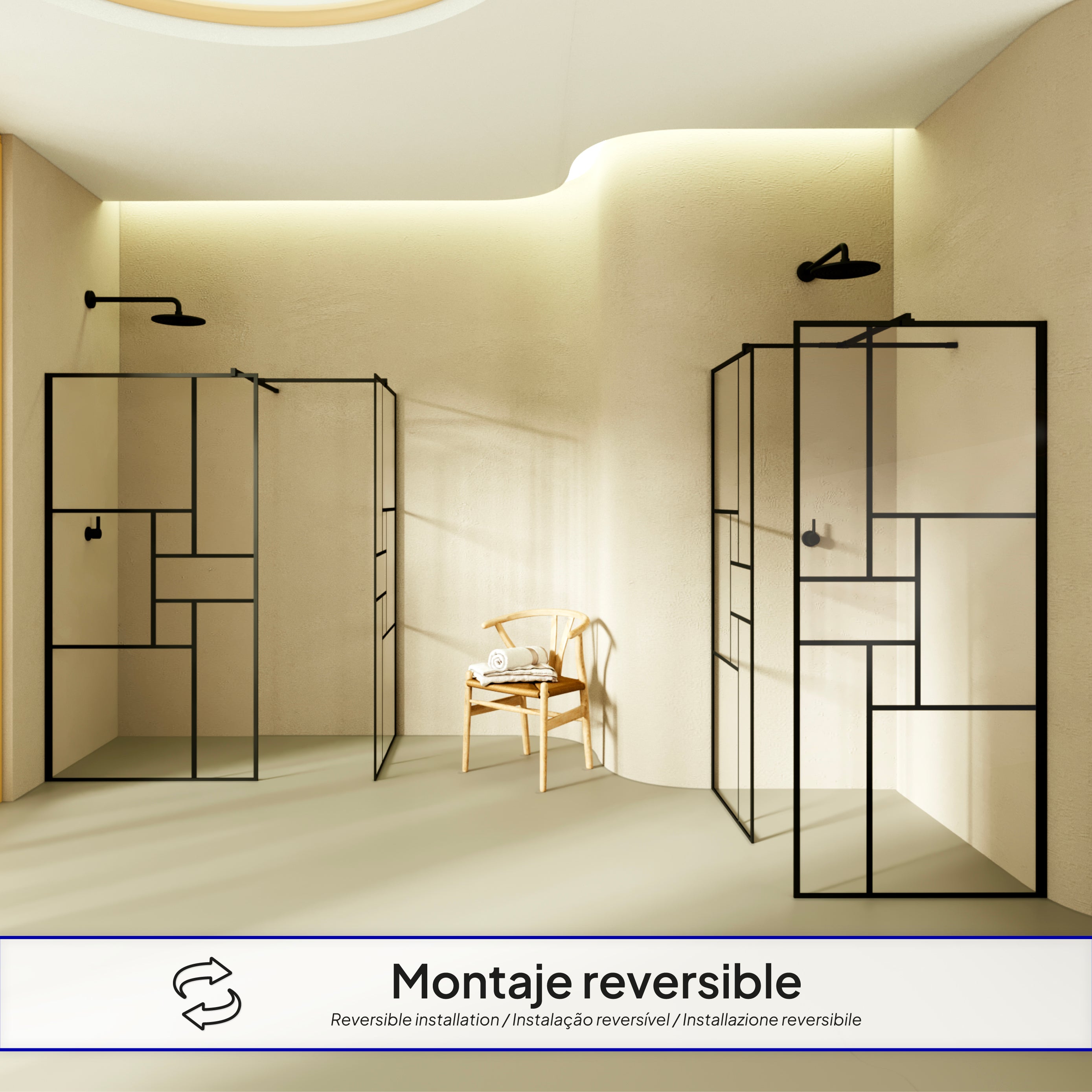 GIANNA – Painel de Duche Walk-In com 2 Painéis em Vidro Temperado c/ Blocos e Perfil Preto com Barra Estabilizadora