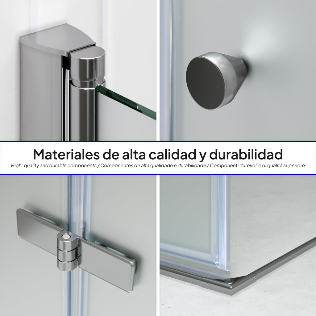 EMMA - Cabine de Duche (70-120 cm x 180-190 cm) com Vidro Fosco 6mm - Entrada de Canto, Portas articuladas e Perfis em Inox