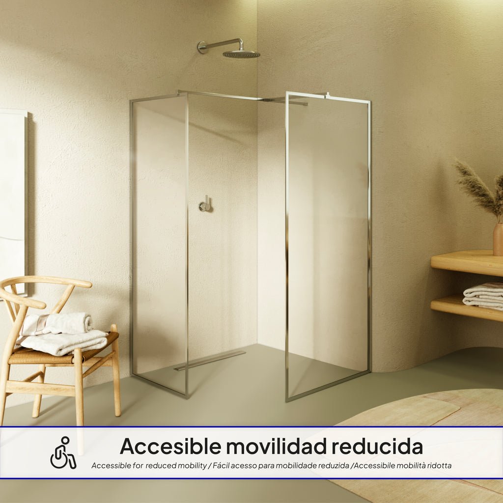 GIANNA – Painel de Duche Walk-In com 2 Painéis em Vidro Temperado e Perfil Cromado com Barra Estabilizadora