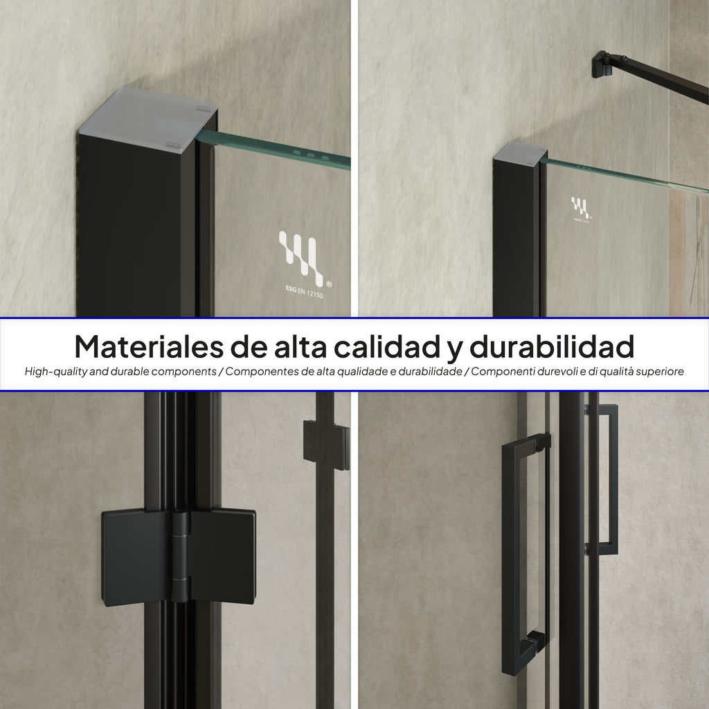 CELINE - Cabine de duche de canto com portas articuladas em vidro temperado e perfis pretos