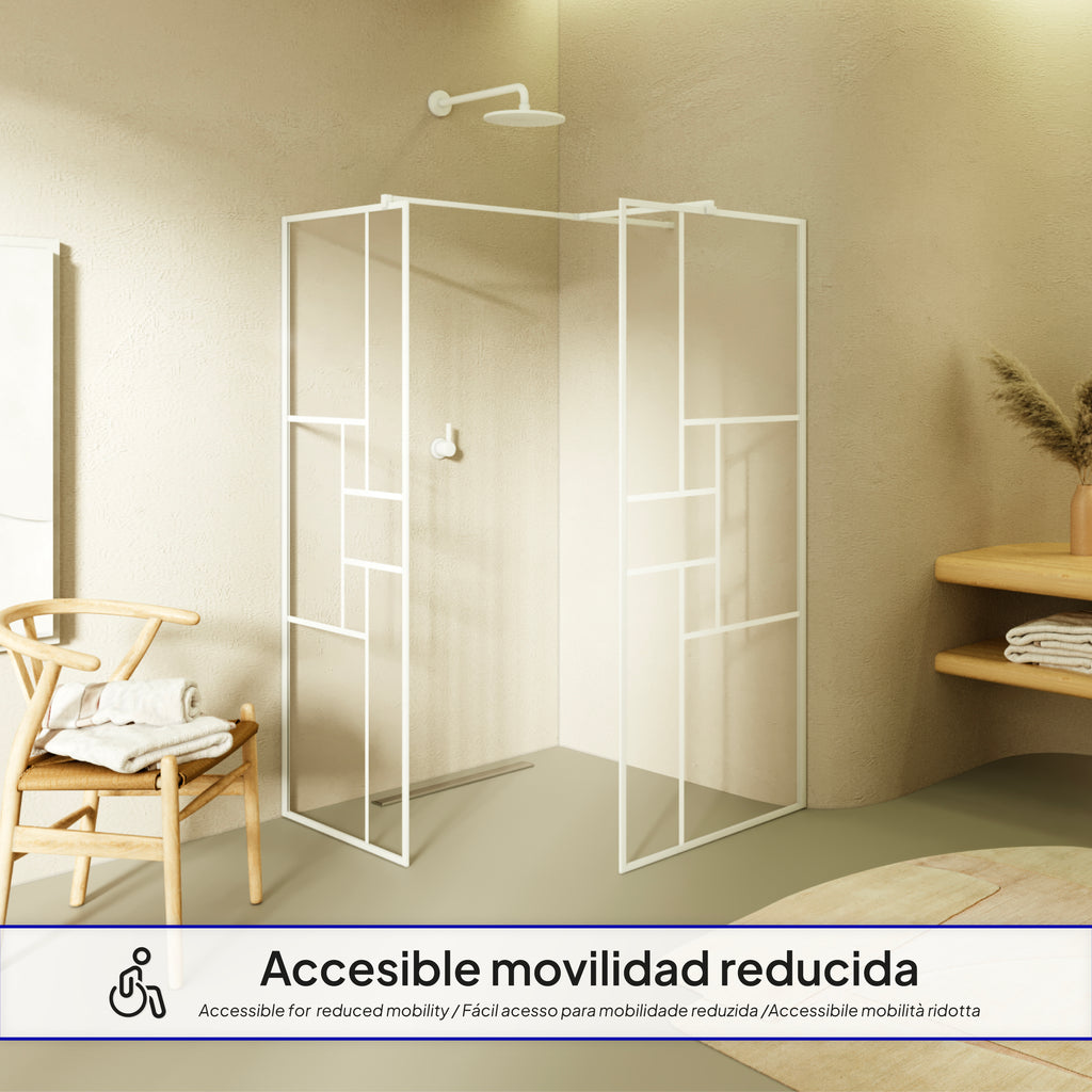 GIANNA – Painel de Duche Walk-In com 2 Painéis em Vidro Temperado c/ Blocos e Perfil Branco com Barra Estabilizadora