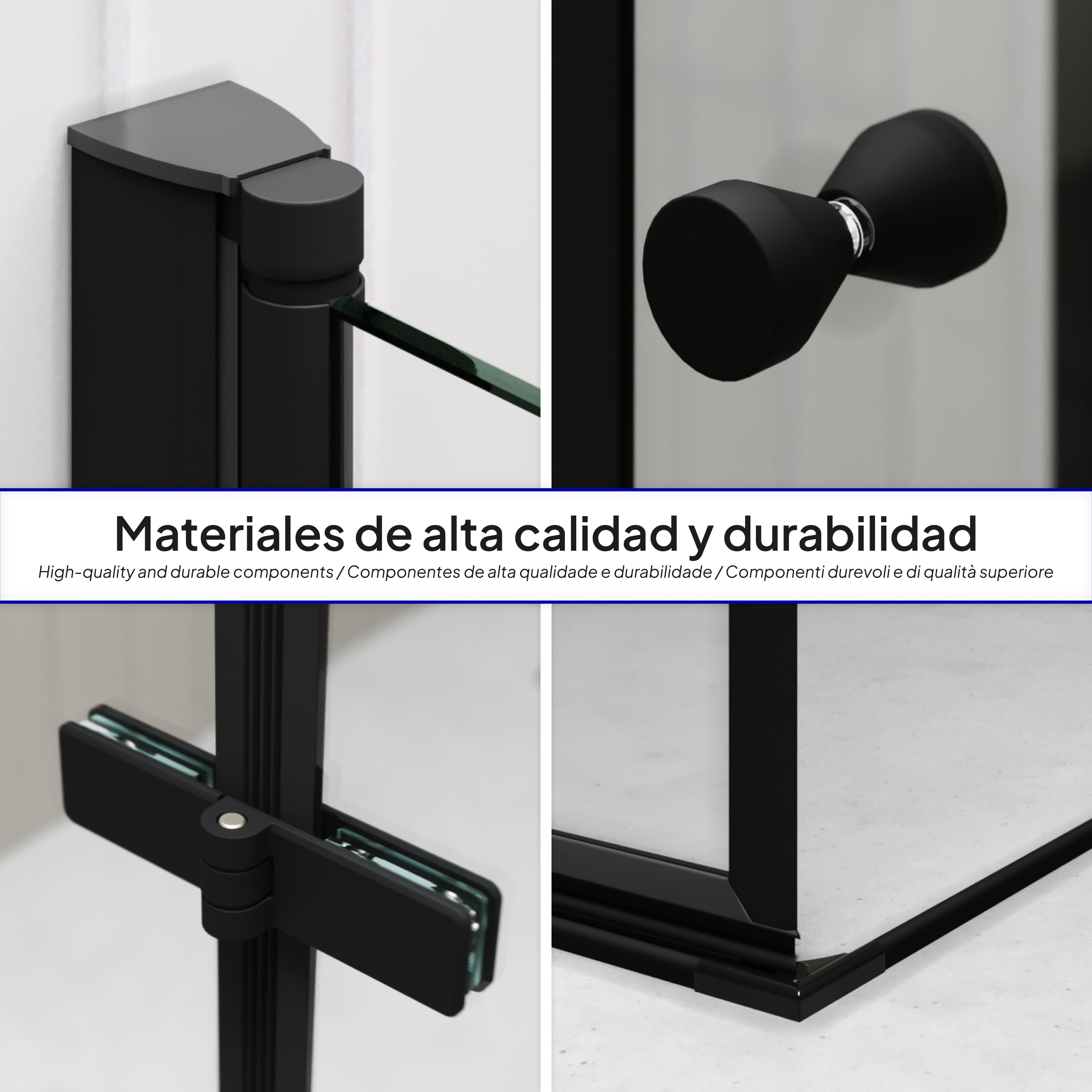 EMMA - Cabine de Duche (70-120 cm x 180-190 cm) com Vidro Transparente 6mm - Entrada de Canto, Portas articuladas e Perfis em Preto