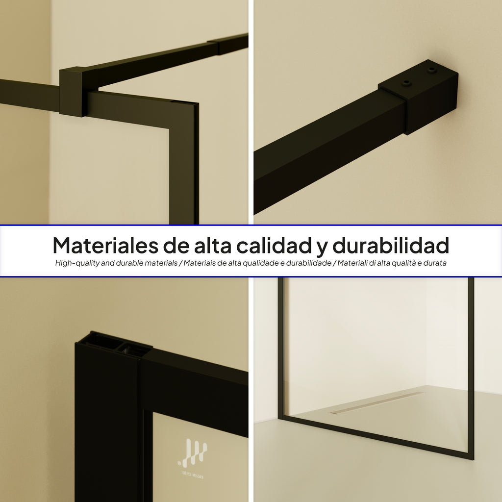 GIANNA - Painel de Duche Walk-In em Vidro Temperado com Perfil Preto e Barra Estabilizadora