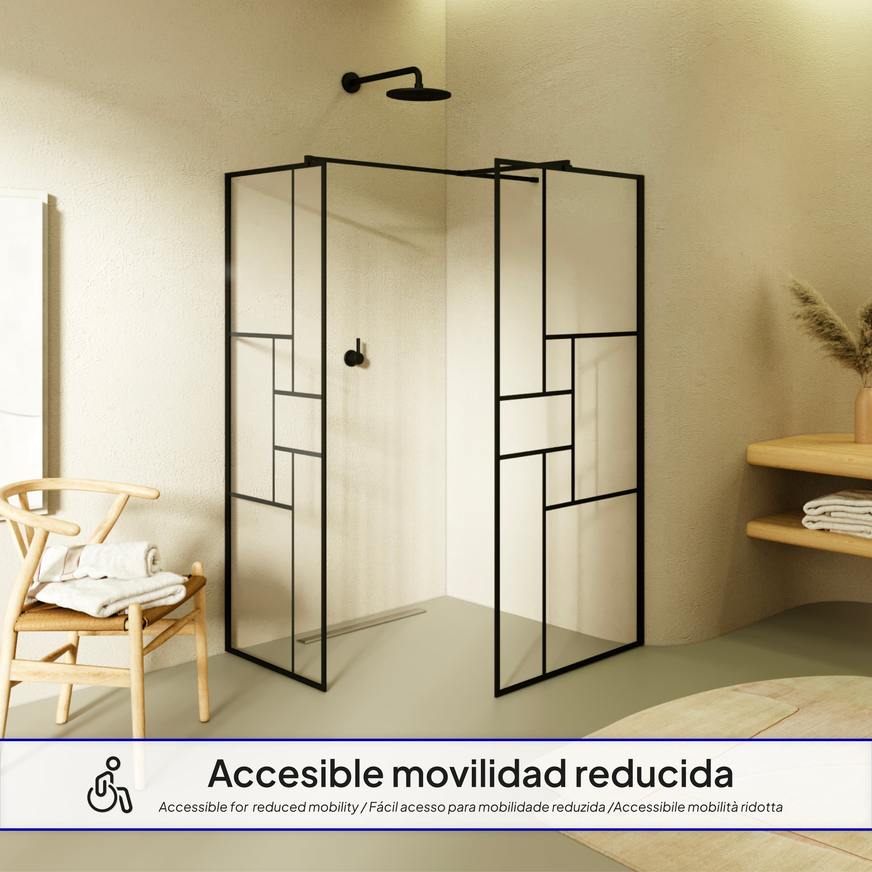 GIANNA – Painel de Duche Walk-In com 2 Painéis em Vidro Temperado c/ Blocos e Perfil Preto com Barra Estabilizadora