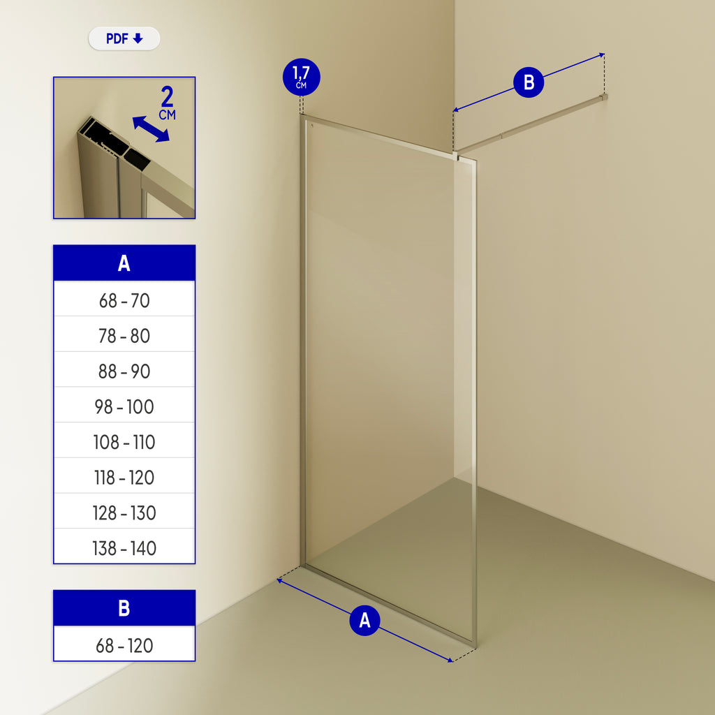 GIANNA - Painel de Duche Walk-In em Vidro Temperado com Perfil Cromado e Barra Estabilizadora