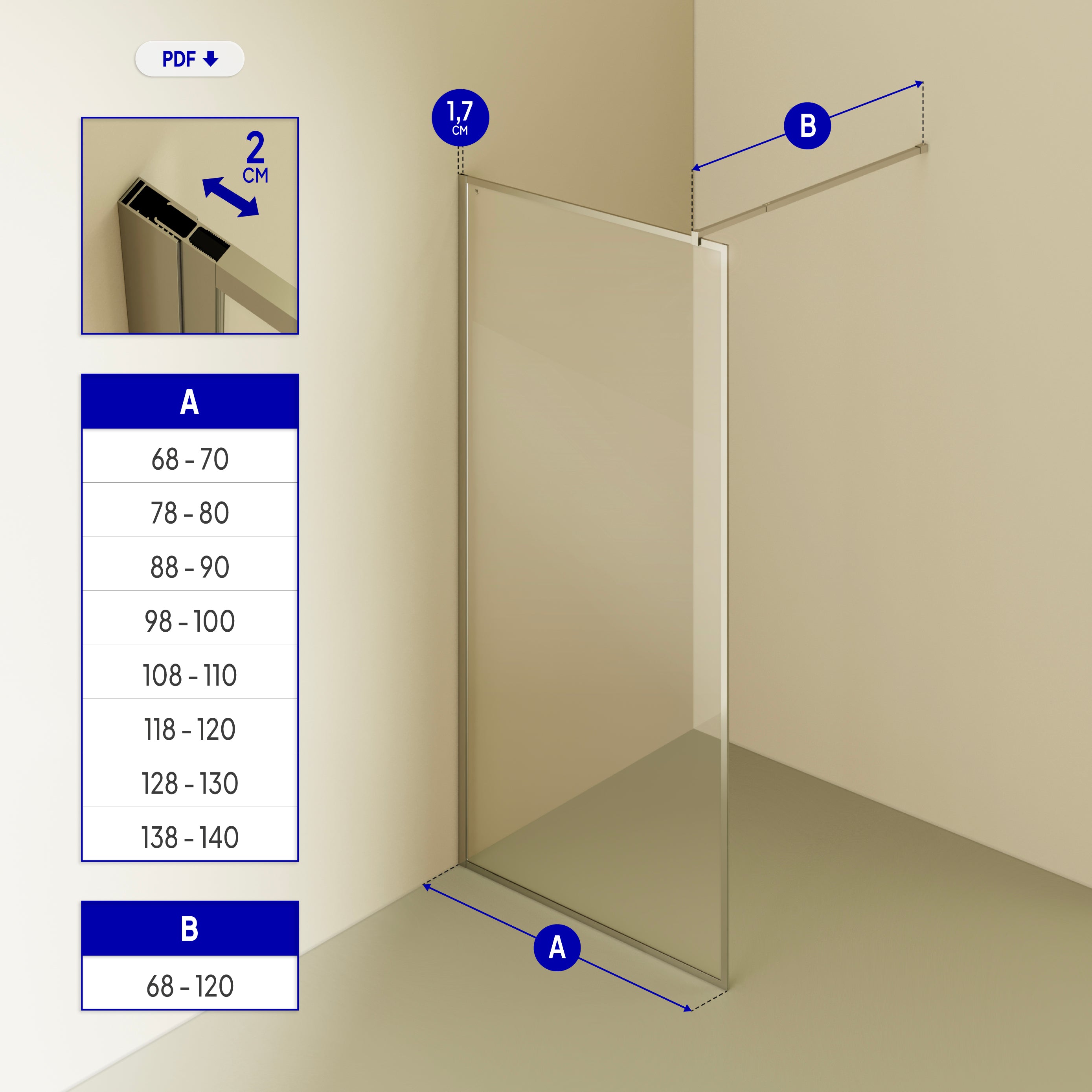 GIANNA - Painel de Duche Walk-In em Vidro Temperado com Perfil Cromado e Barra Estabilizadora