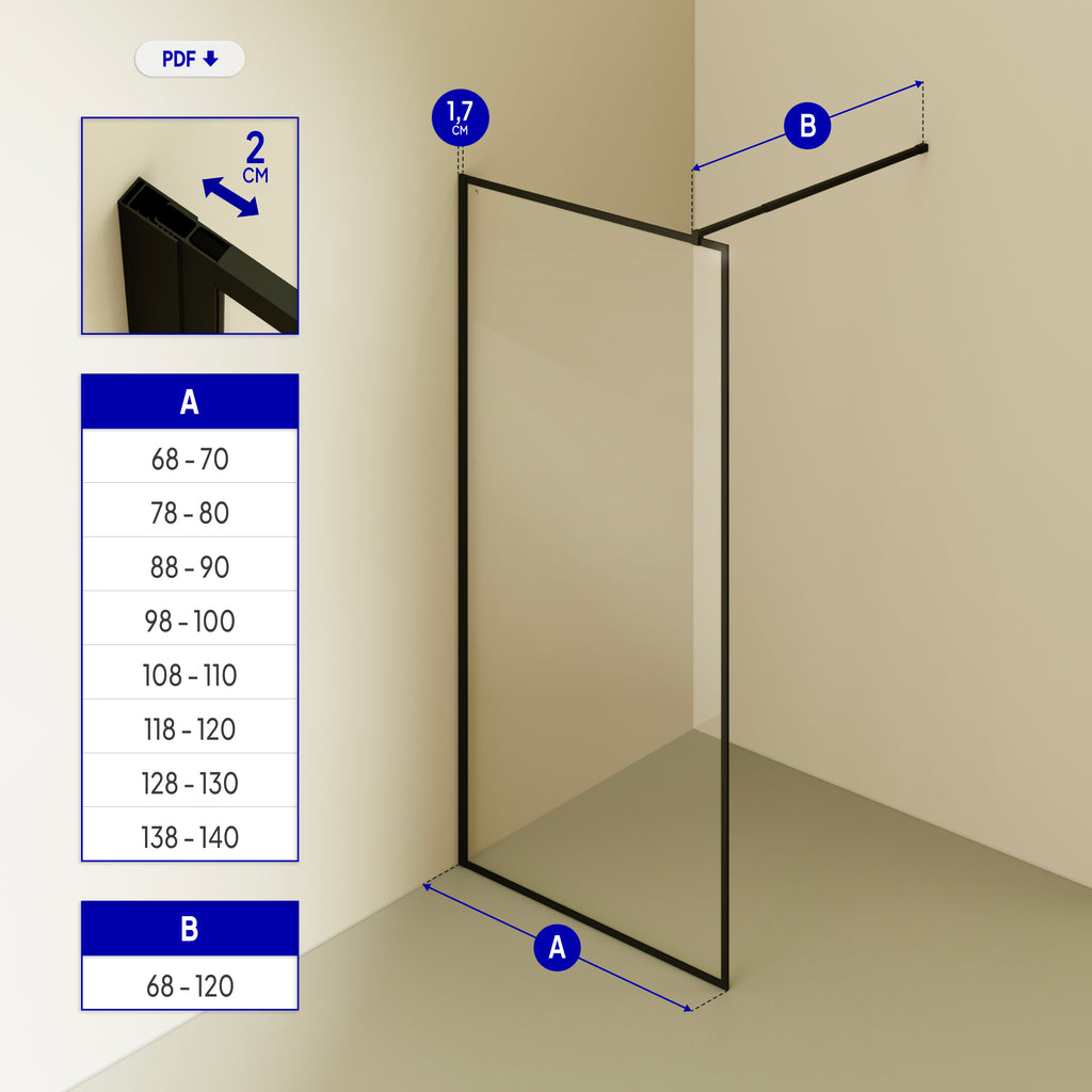 GIANNA - Painel de Duche Walk-In em Vidro Temperado com Perfil Preto e Barra Estabilizadora