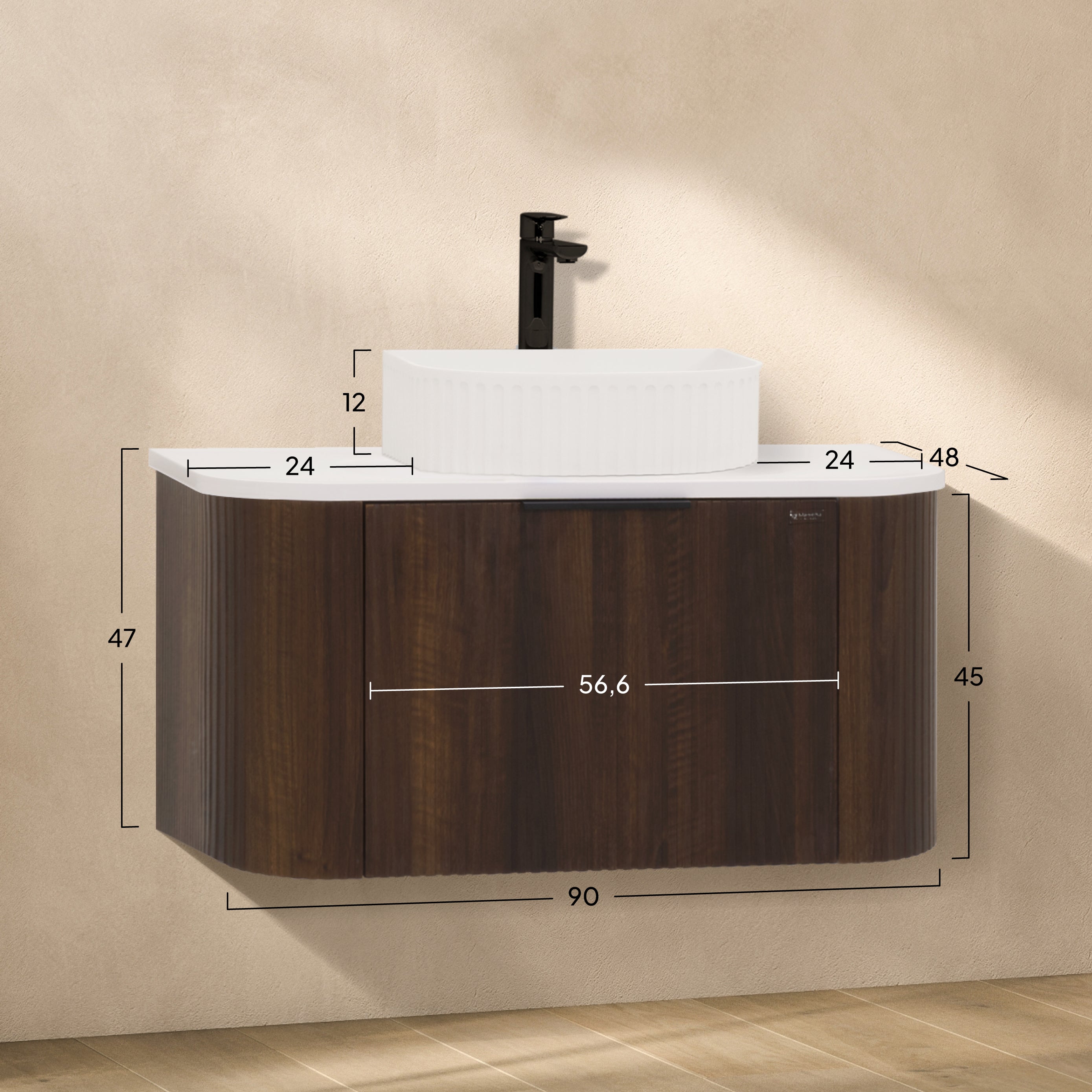 Maia – Móvel de Lavatório Suspenso com Gavetas Soft-Close | 90 cm | Branco Acanalado