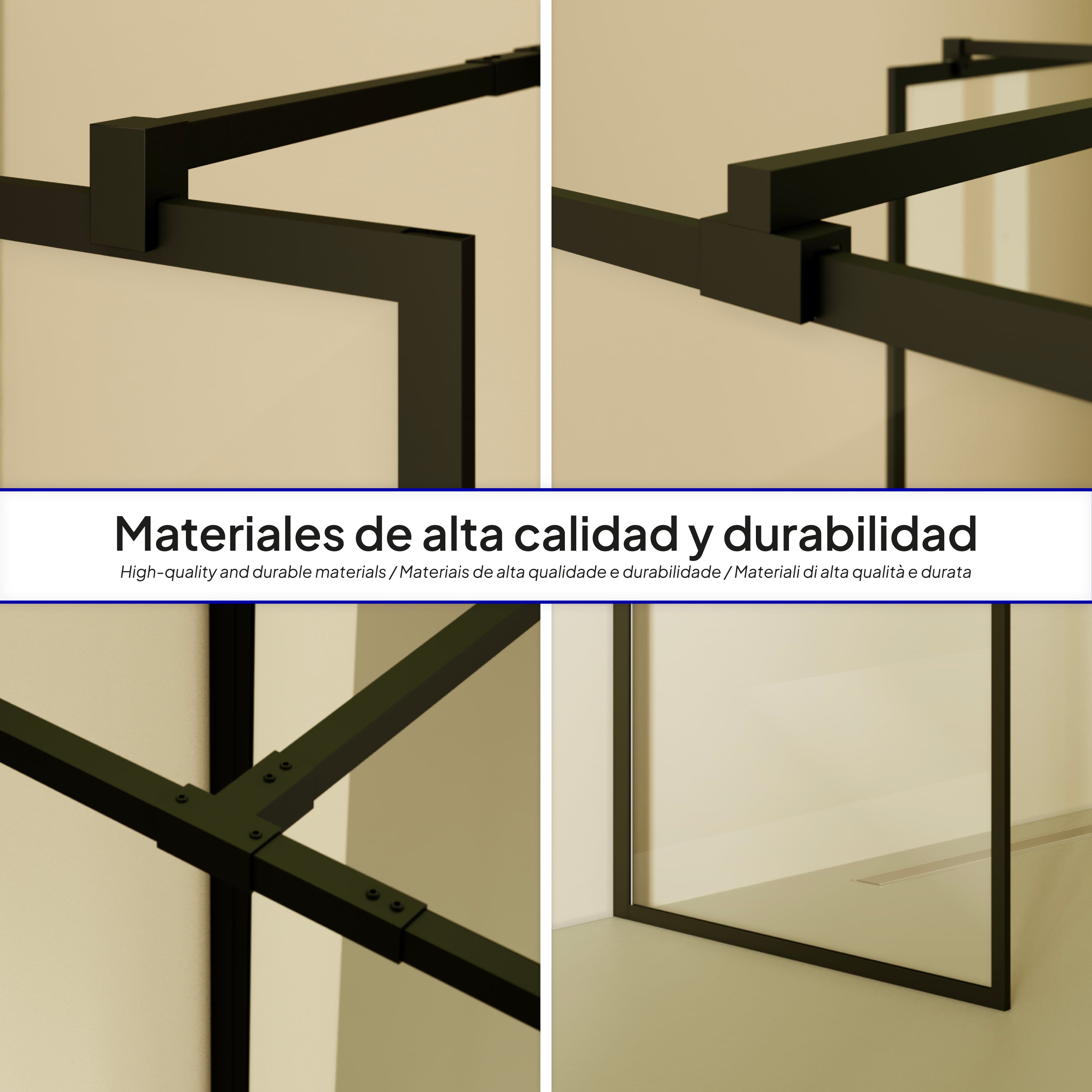 GIANNA – Painel de Duche Walk-In com 2 Painéis em Vidro Temperado e Perfil Preto com Barra Estabilizadora