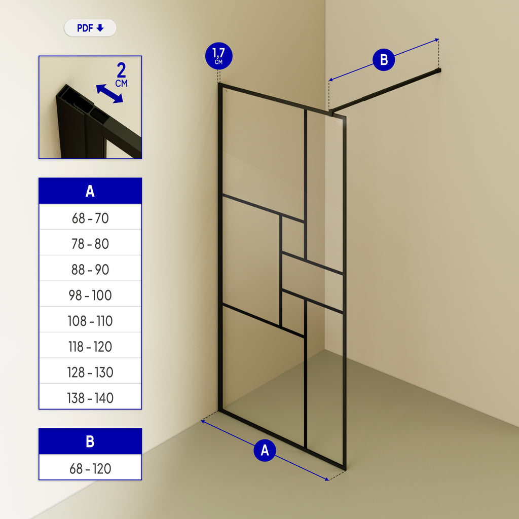 GIANNA - Painel de Duche Walk-In em Vidro Temperado c/ Blocos, Perfil Preto e Barra Estabilizadora