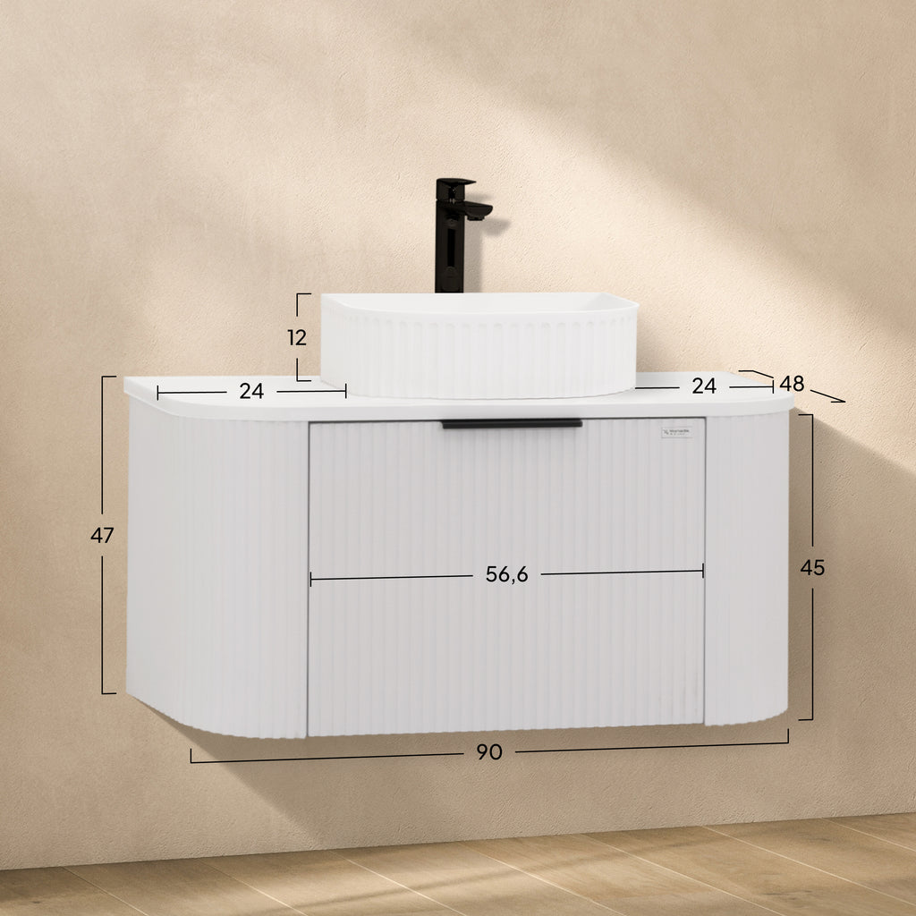 Maia – Móvel de Lavatório Suspenso com Gavetas Soft-Close | 90 cm | Branco Acanalado