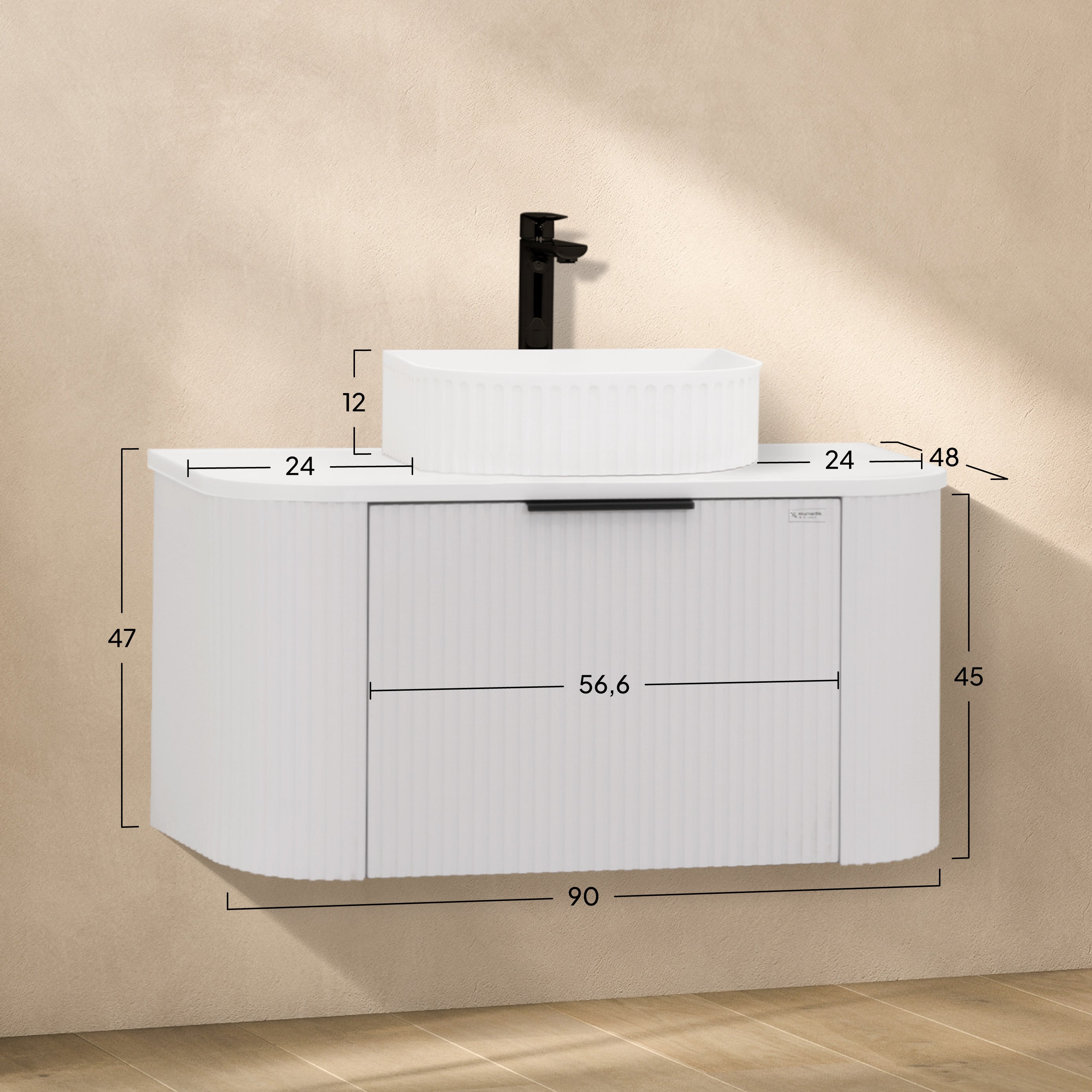 Maia – Móvel de Lavatório Suspenso com Gavetas Soft-Close | 90 cm | Branco Acanalado