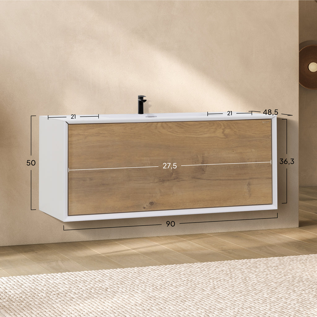 Hebe – Móvel de Lavatório Suspenso 90 cm Branco Mate/Carvalho com Soft-Close