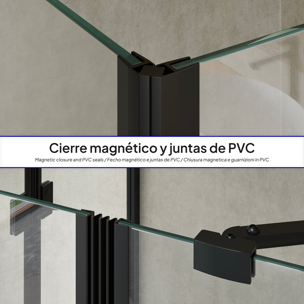 CELINE - Cabine de duche de canto com portas articuladas em vidro temperado e perfis pretos