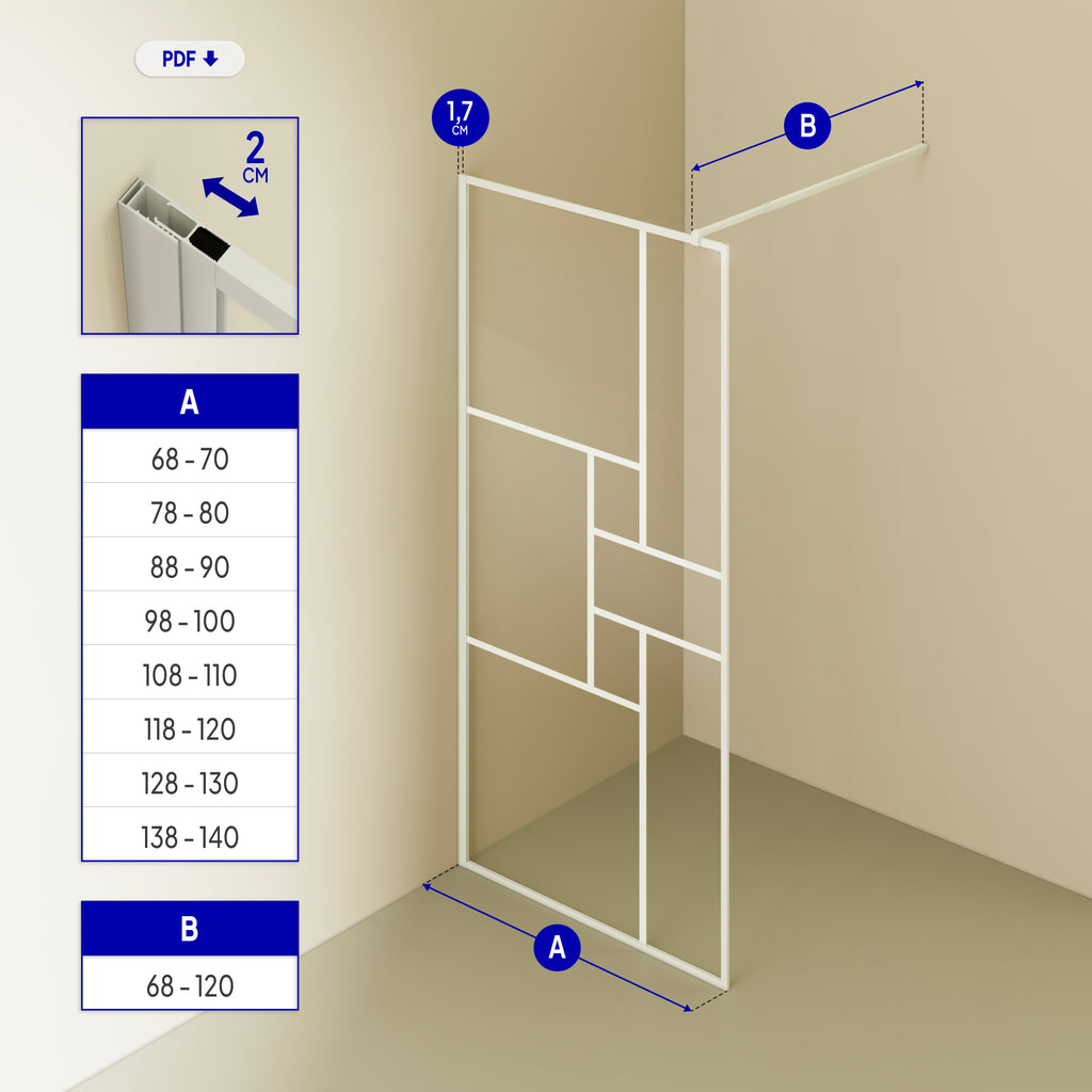 GIANNA - Painel de Duche Walk-In em Vidro Temperado c/ Blocos, Perfil Branco e Barra Estabilizadora