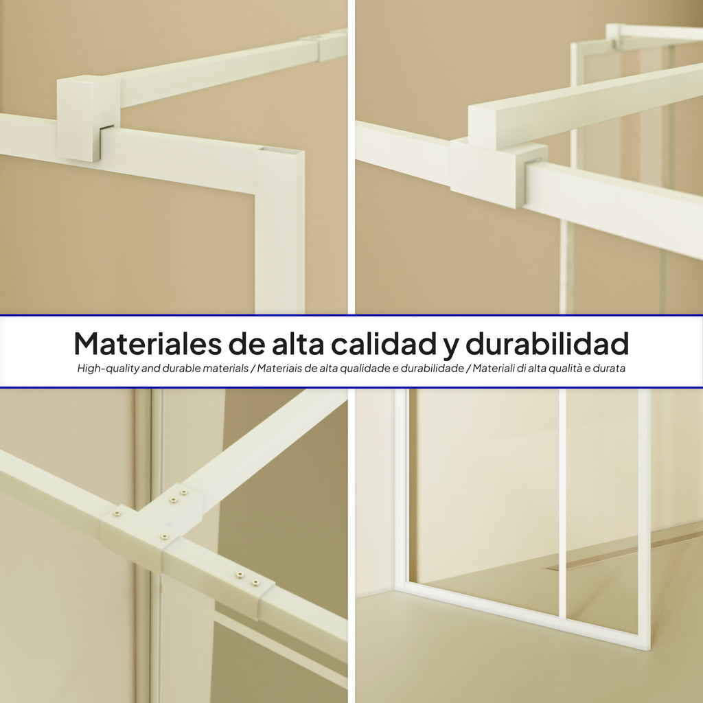 GIANNA – Painel de Duche Walk-In com 2 Painéis em Vidro Temperado c/ Blocos e Perfil Branco com Barra Estabilizadora