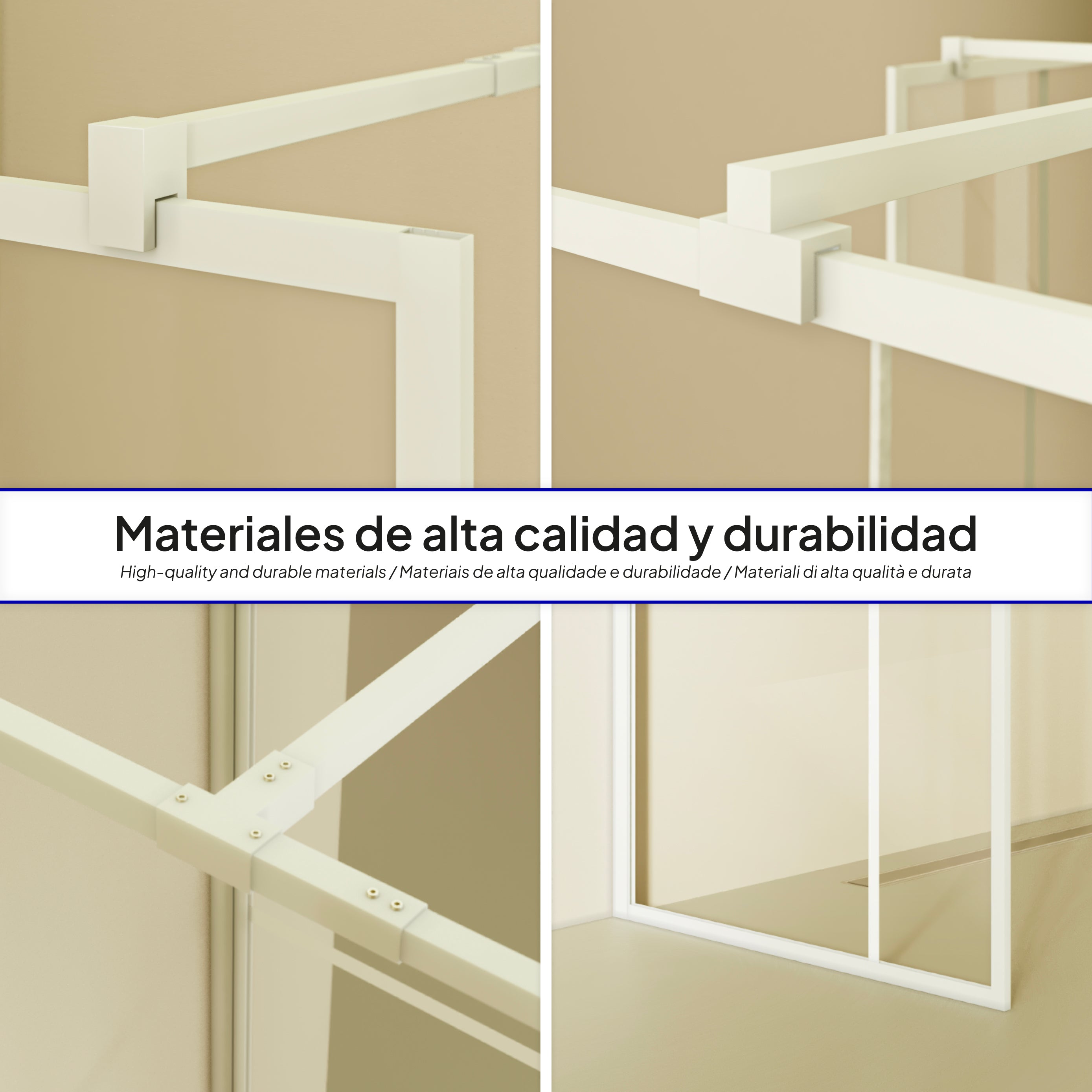 GIANNA – Painel de Duche Walk-In com 2 Painéis em Vidro Temperado c/ Blocos e Perfil Branco com Barra Estabilizadora