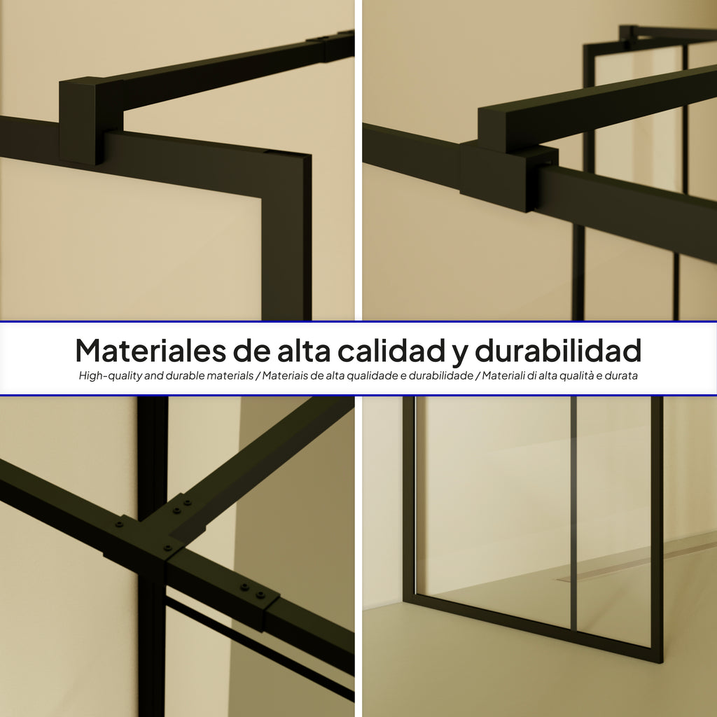 GIANNA – Painel de Duche Walk-In com 2 Painéis em Vidro Temperado c/ Blocos e Perfil Preto com Barra Estabilizadora
