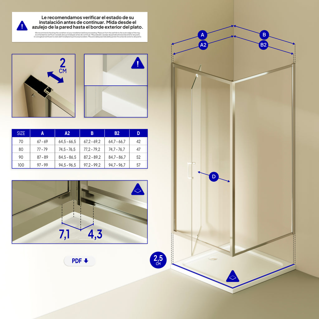 ISADORA - Cabine de duche de entrada frontal com portas articuladas em vidro temperado e perfis cromados