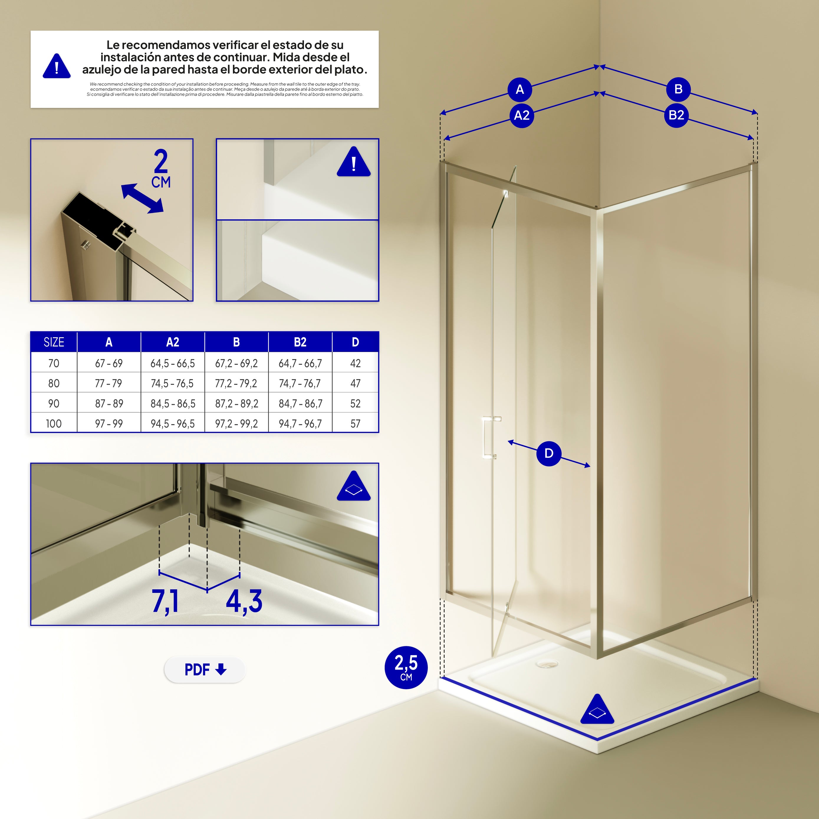 ISADORA - Cabine de duche de entrada frontal com portas articuladas em vidro temperado e perfis cromados